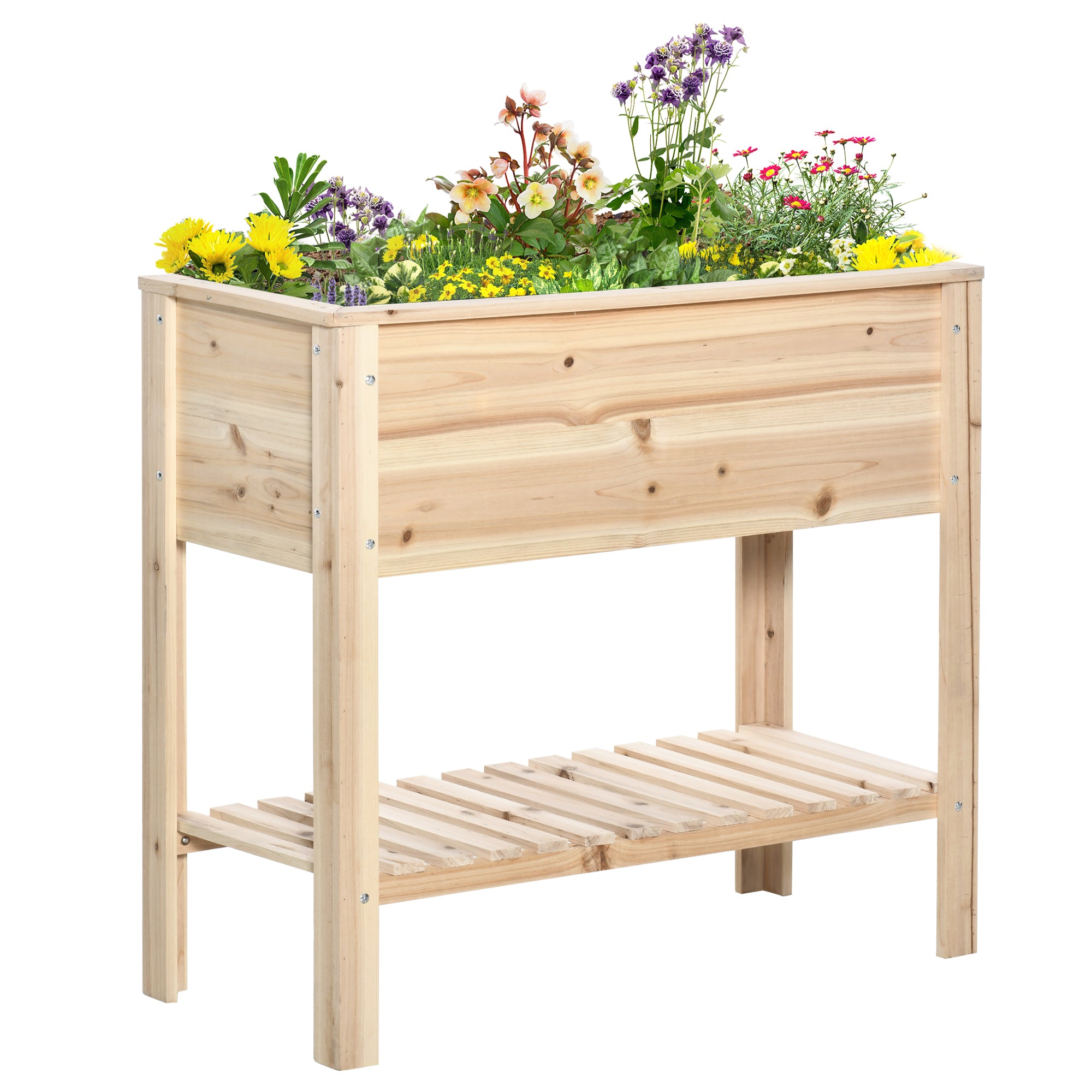 Elevated Planter Box with Storage Shelf for Flowers, Vegetables, and Herbs, 36" x 16" x 32", Natural