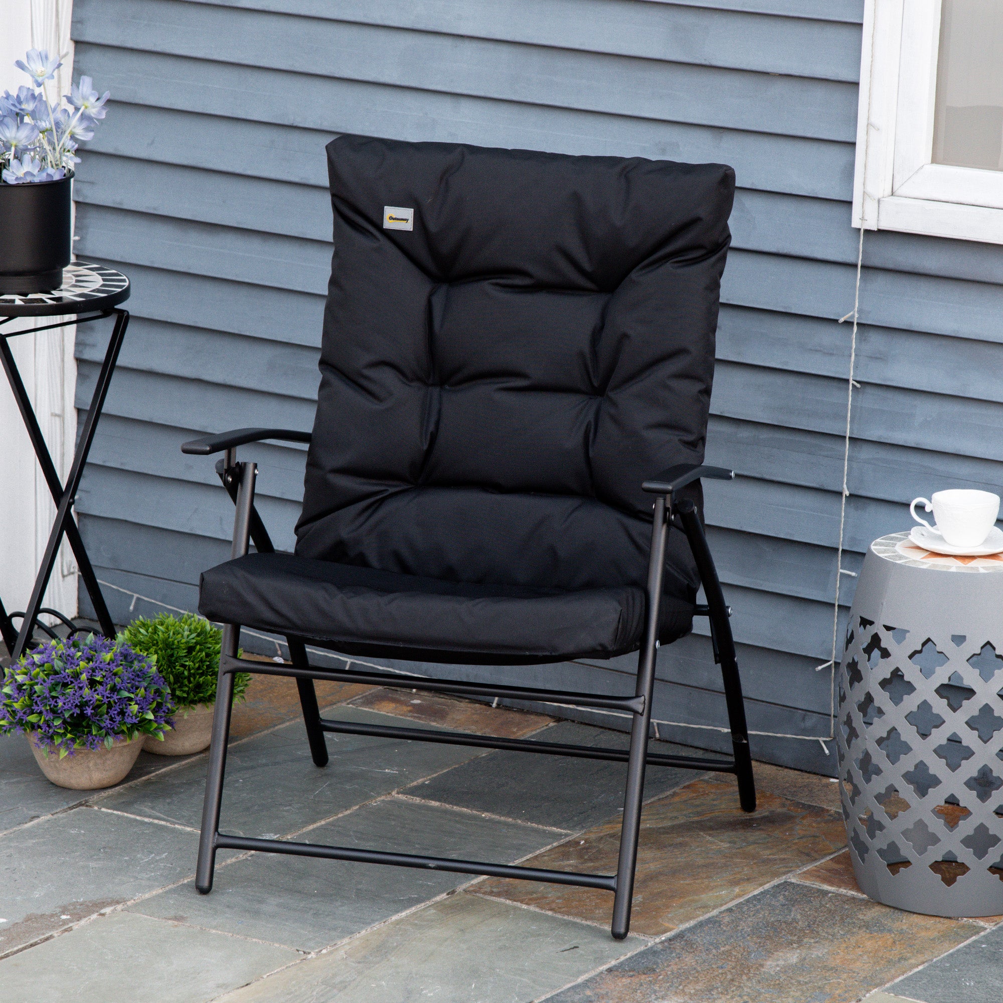 Foldable Lounge Chair, Fabric Upholstered Recliner, Outdoor Lounger with Armrest, Metal Frame for Backyard, Black