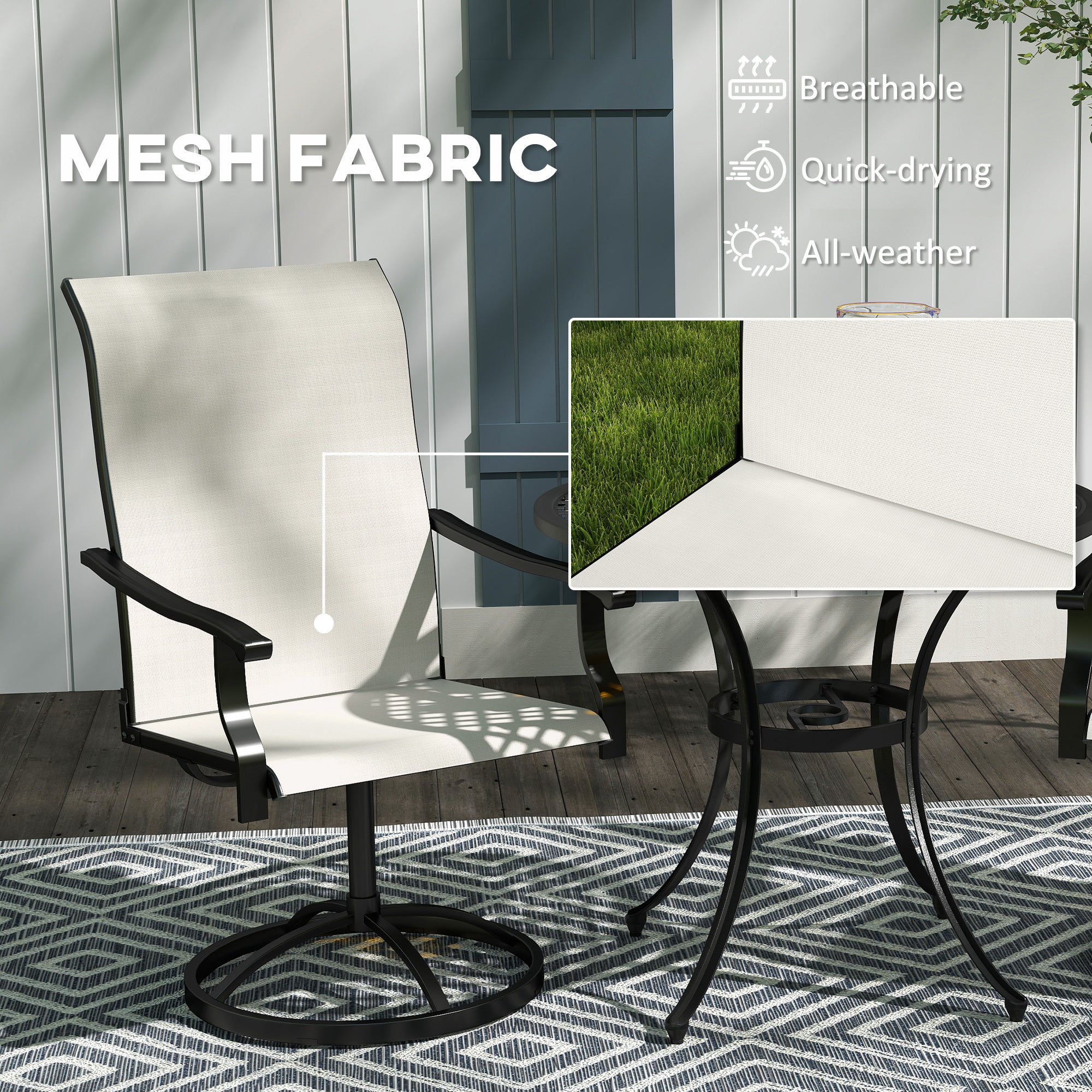 Outdoor Swivel Dining Chairs Set of 2, High Back Swivel Chairs with All Weather Mesh for Deck, Backyard, Poolside, White