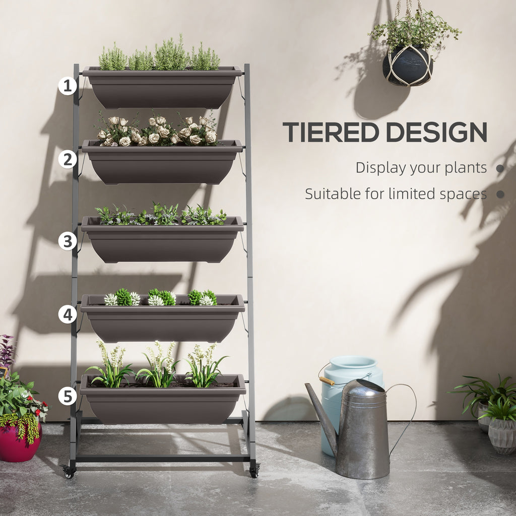 5-Tier Vertical Raised Garden Planter with 5 Boxes, Wheels, Outdoor Plant Stand for Vegetable Flowers, Brown