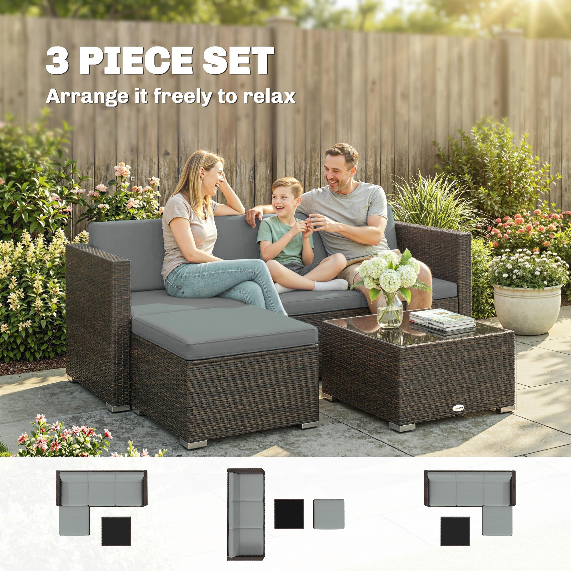 3 Pieces Patio Furniture Set with Cushions, Outdoor PE Rattan Wicker Conversation Corner Sofa Set with Glass Top Table