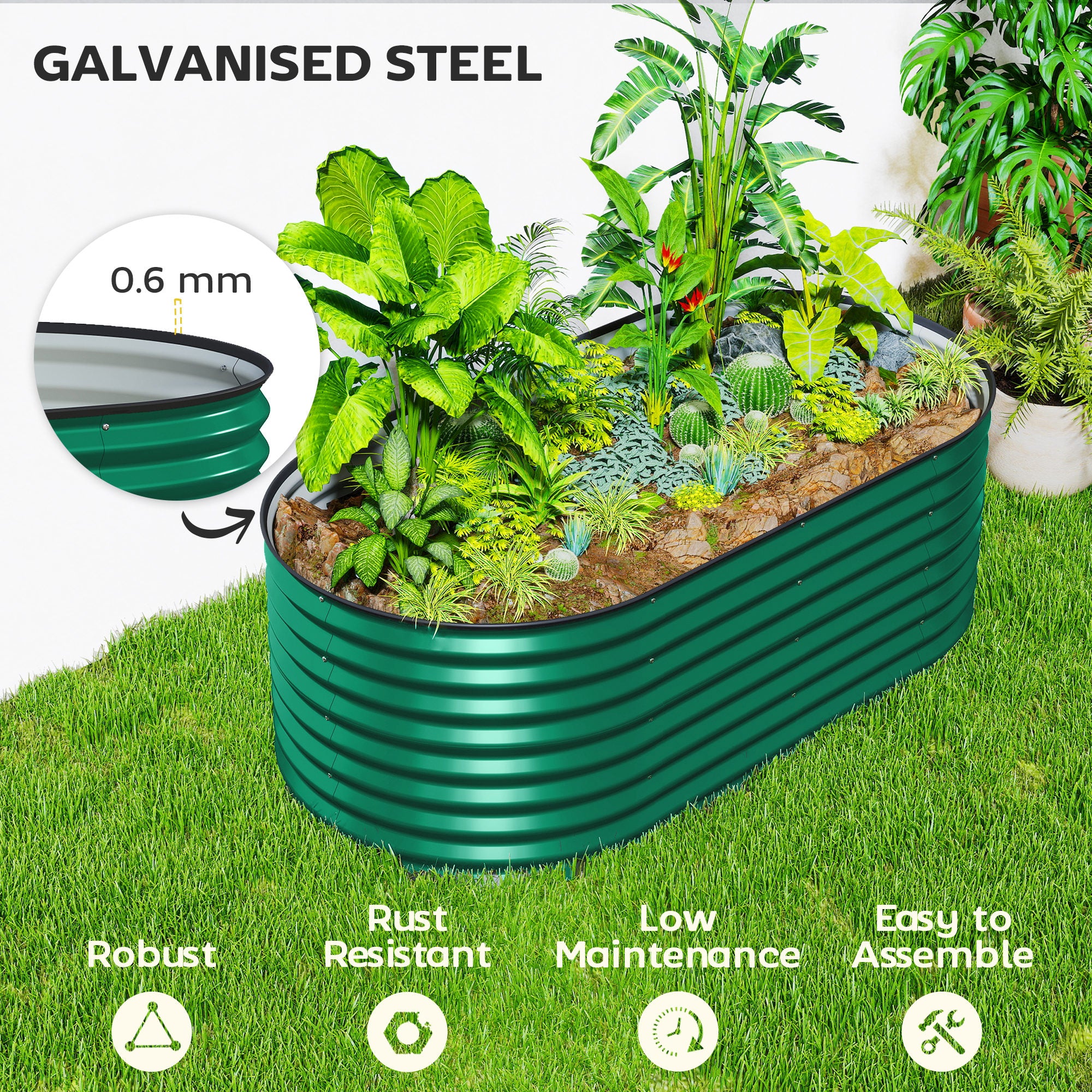 5 x 2.5 x 2 ft Galvanized Raised Garden Bed, Easy DIY Oval Planter Box with Safety Edging and Gloves, Dark Green