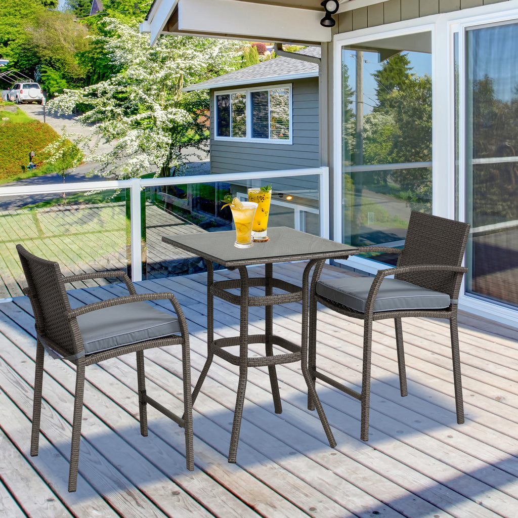 3 Pieces Patio Bar Set Wicker Garden Bistro Set Outdoor Furniture PE Rattan Table and Stools with Seat Cushion, Grey