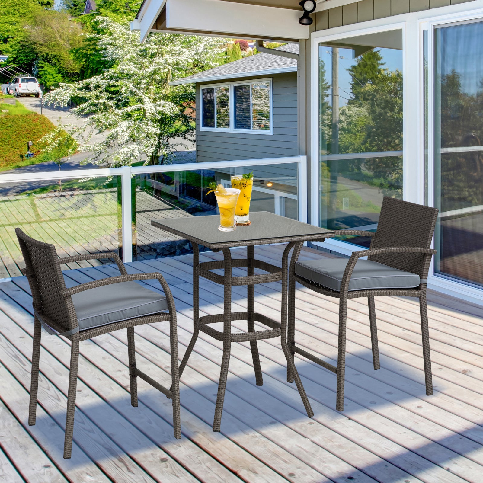 3 Pieces Patio Bar Set Wicker Garden Bistro Set Outdoor Furniture PE Rattan Table and Stools with Seat Cushion, Grey