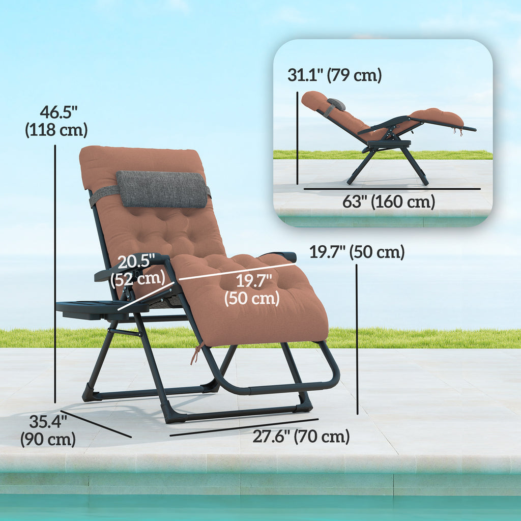 Padded Folding Recliner Chair, Patio Lounger with Cupholder, Adjustable Backrest, Removable Cushion, Khaki