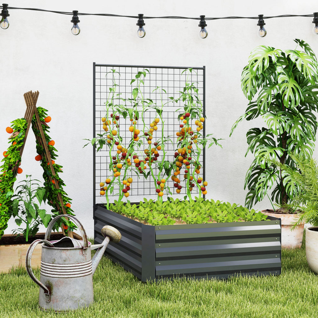 Galvanized Raised Garden Bed with Trellis for Climbing Plants, Outdoor Planter Box with Open Bottom, Dark Grey