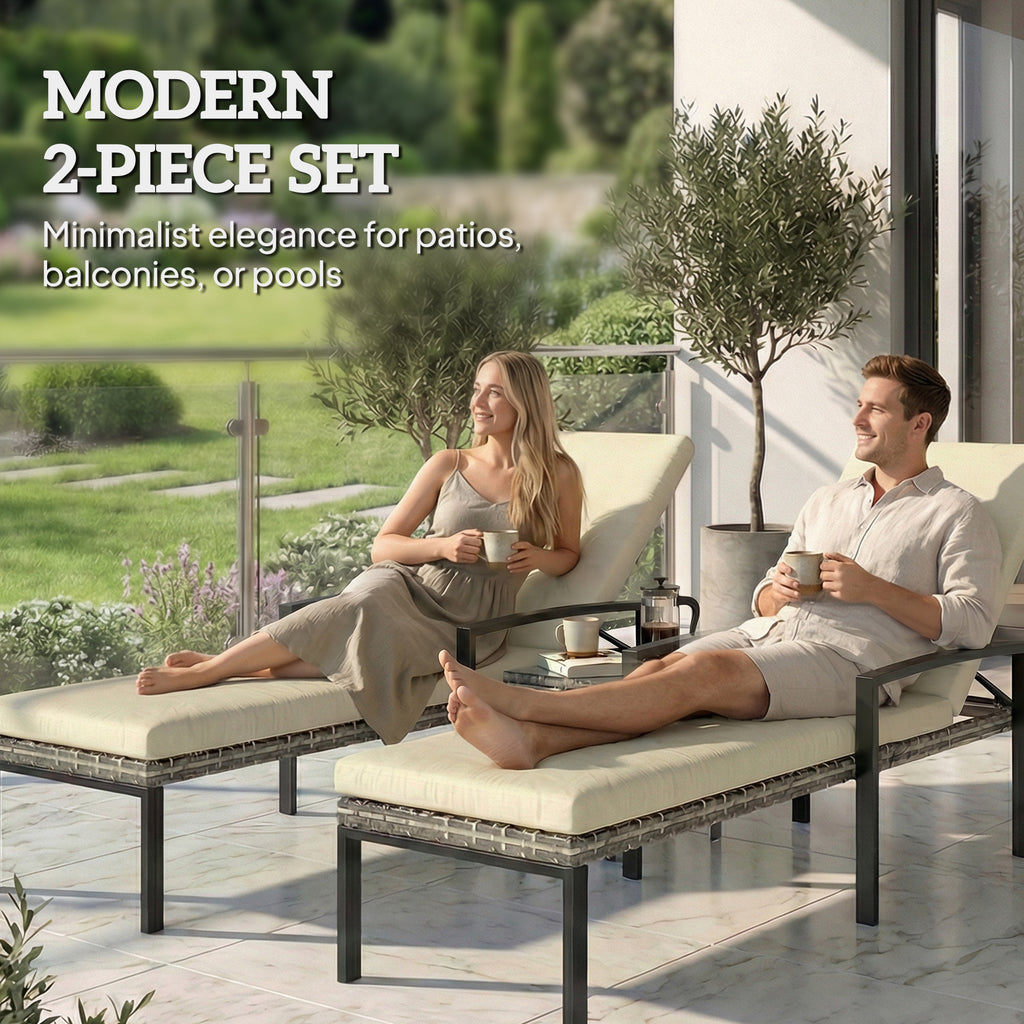 Chaise Lounge Chairs Outdoor, Set of 2 Wicker Patio Lounge Chairs with 5-Level Adjustable Backrest, Cushion