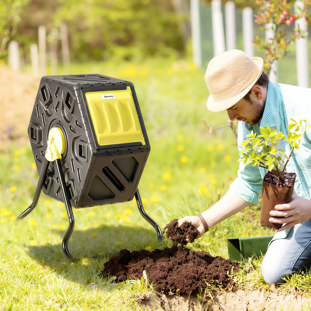 Rotating Composter, Compost Bin with 24 Vents and Steel Legs, 17 Gallon, Yellow