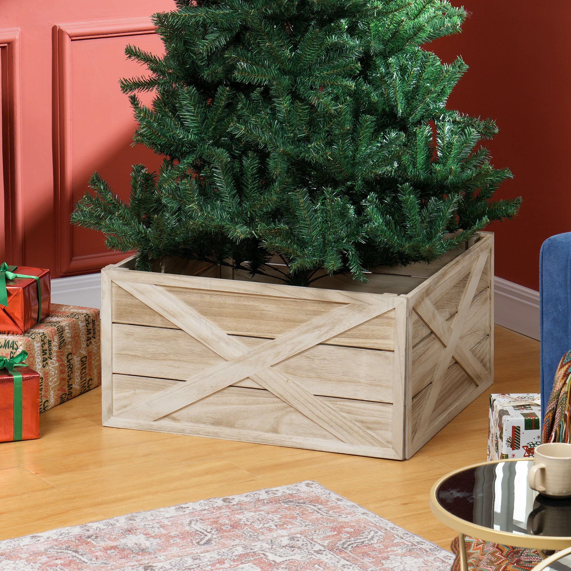 28" Farmhouse Christmas Tree Base Cover Wooden Christmas Tree Collar Box Home Decoration Light Distressed Wood Finish