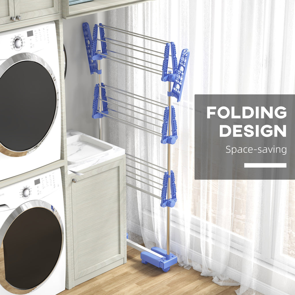3-Tier Foldable Clothes Drying Rack, Stainless Steel Laundry Rack with 2 Side Wings and 6 Castors, Collapsible Adjustable Clothes Airer for Indoor Outdoor, Blue