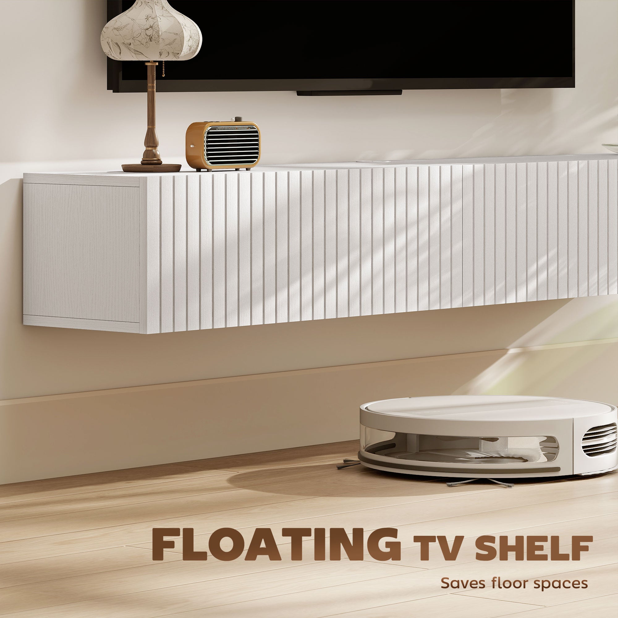 55" Floating TV Stand for TVs up to 72 Inch, Wall Mount Media Console with 2 Fluted Flip-Down Doors, Cable Hole, White