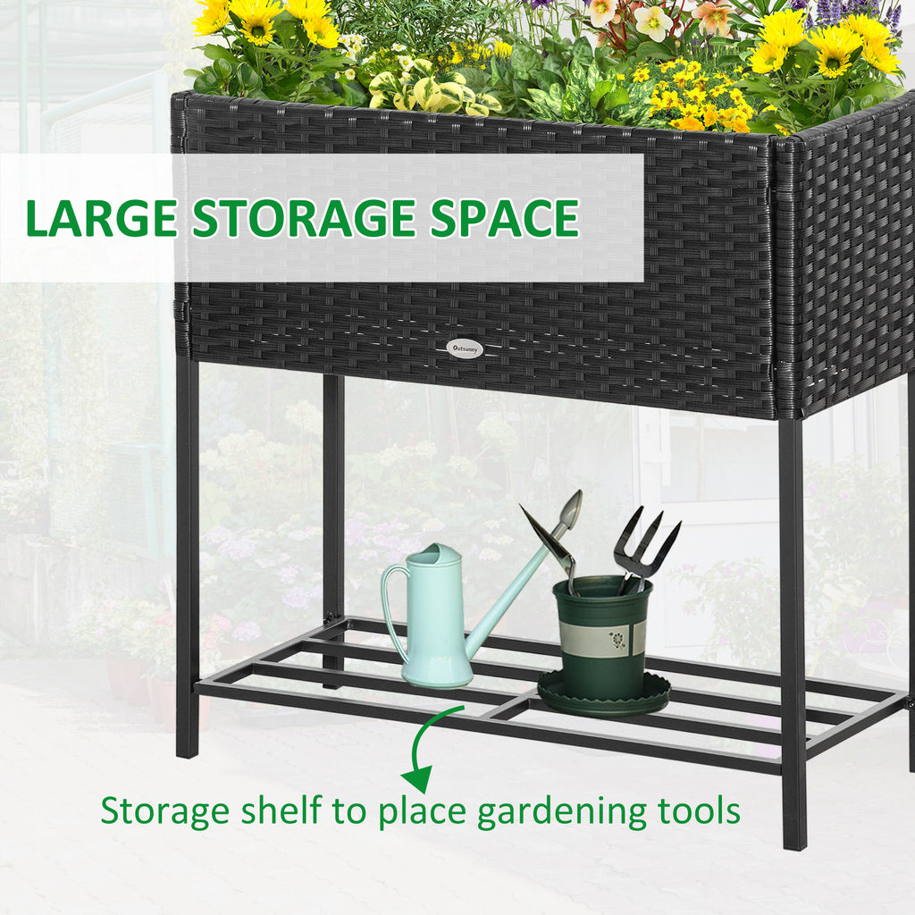 Rattan Raised Garden Boxes, Elevated Flower Beds with Storage Shelf for Herbs, Flowers, Vegetables, Black