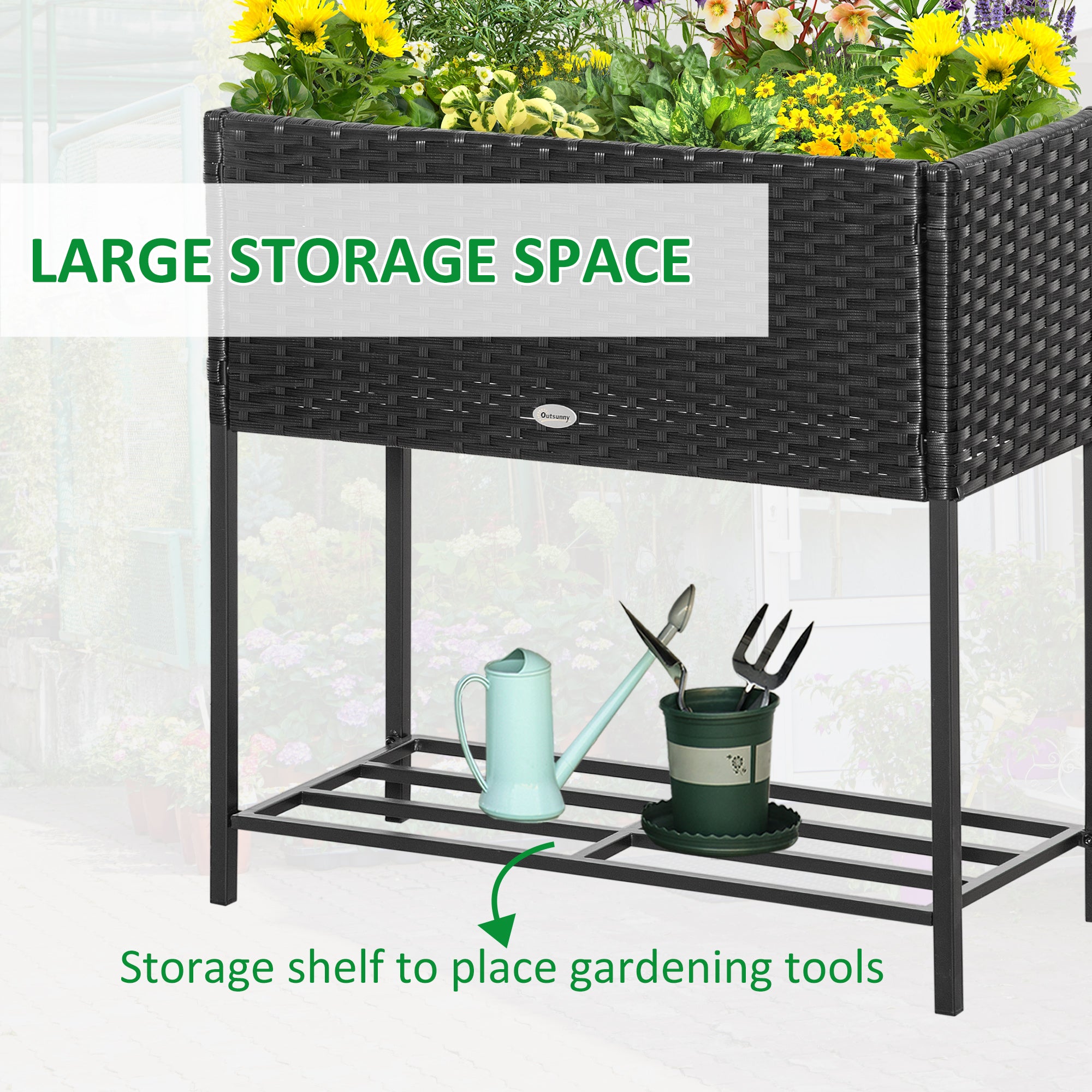 Rattan Raised Garden Boxes, Elevated Flower Beds with Storage Shelf for Herbs, Flowers, Vegetables, Black