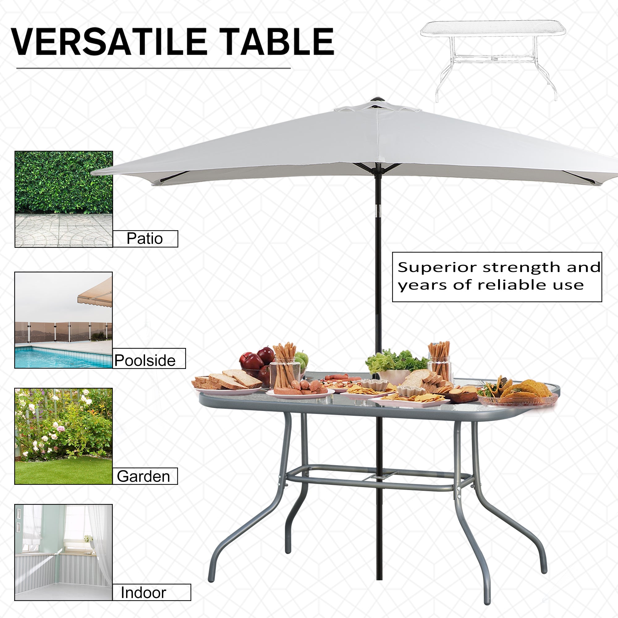 Metal Garden Dining Table with Umbrella Hole, Outdoor Patio Table with Tempered Glass Top, 47.25" x 31.5"