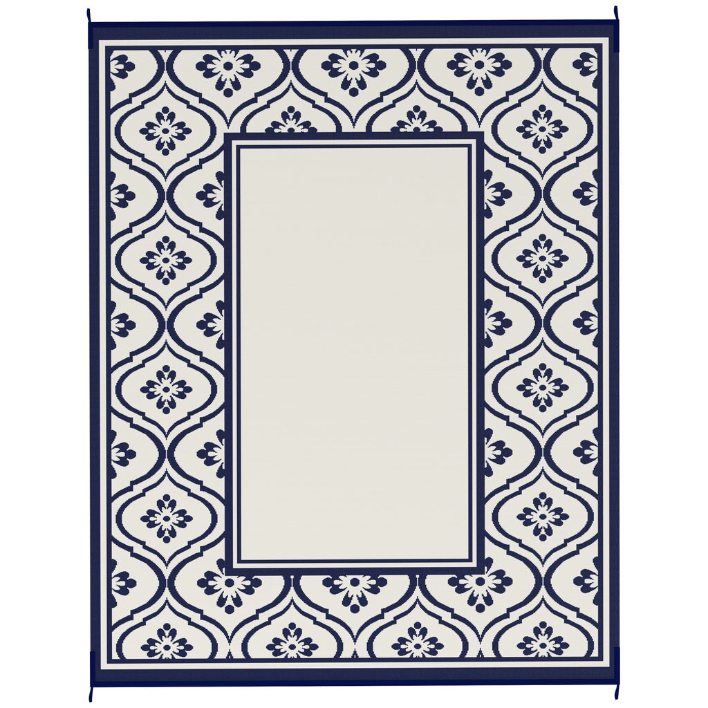 8' x 10' Outdoor RV Rug, Reversible Patio Floor Mat with Carry Bag, Gourd Border, Blue and White