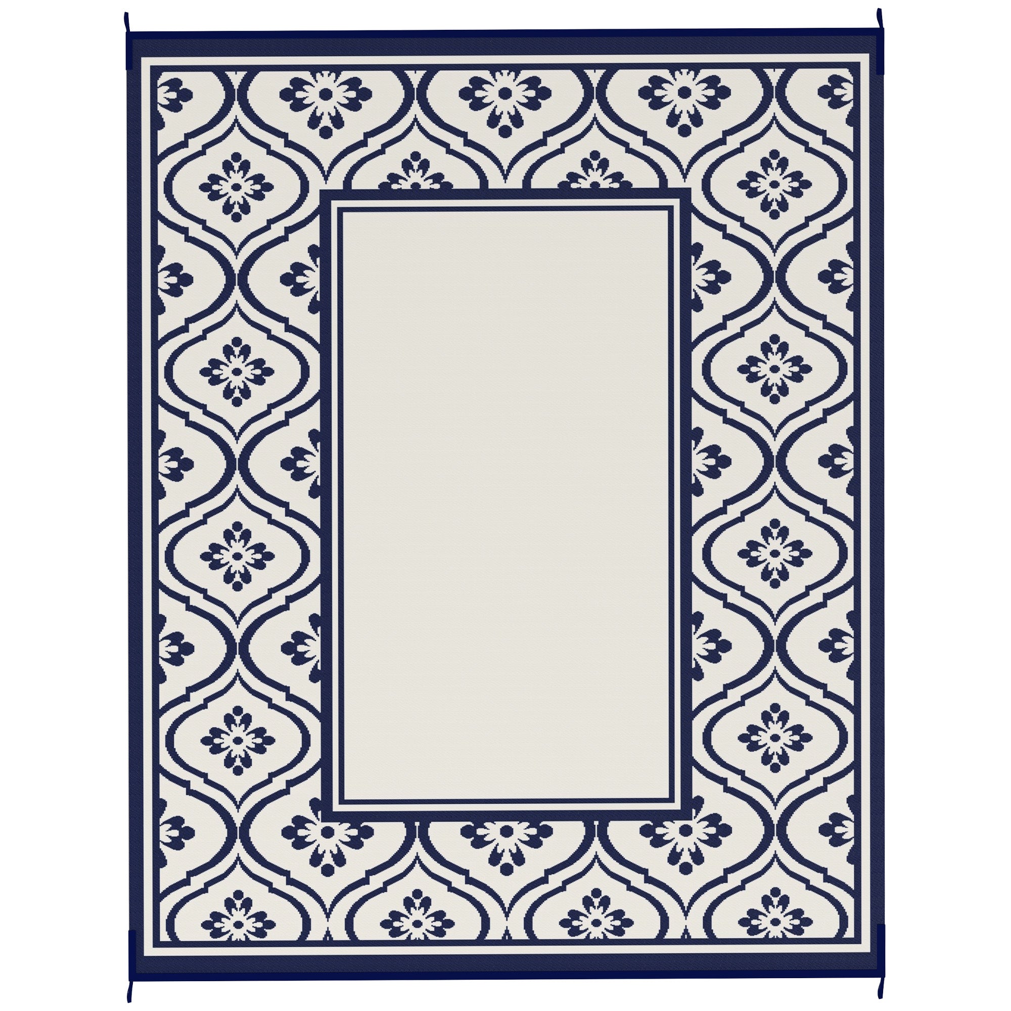 8' x 10' Outdoor RV Rug, Reversible Patio Floor Mat with Carry Bag, Gourd Border, Blue and White