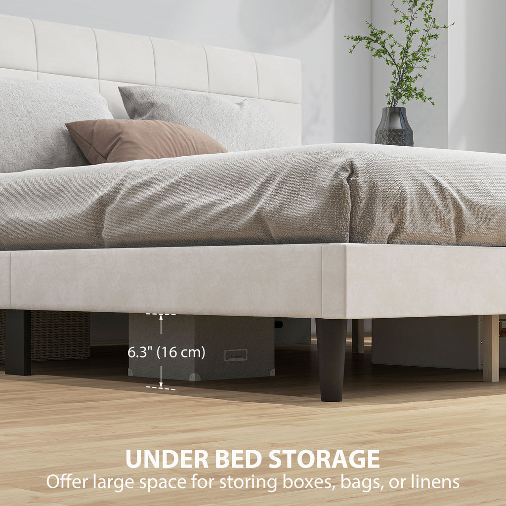 Cream king size bed with elegant upholstered headboard and wood support
