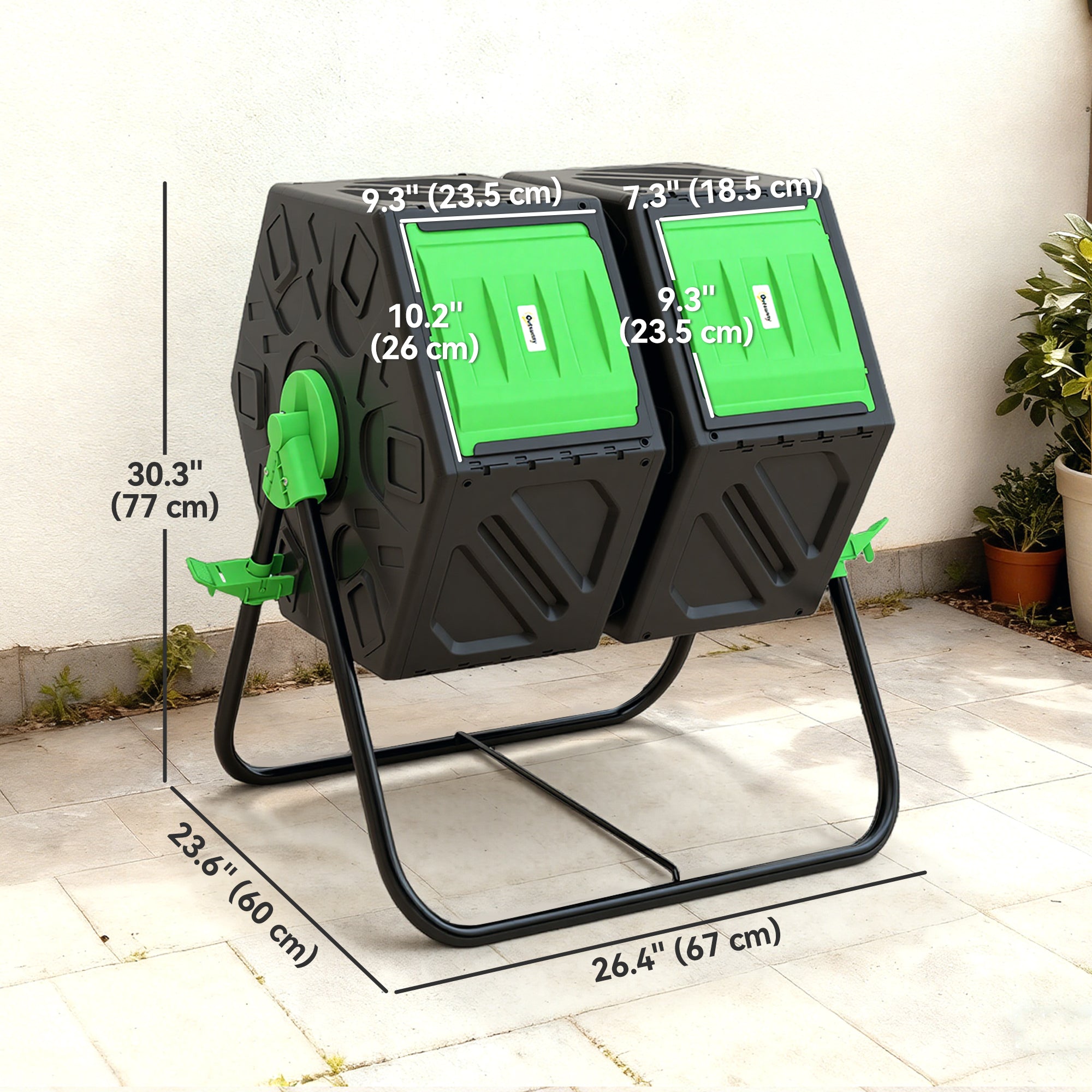Rotating Composter, Dual Chamber Compost Bin with 24 Vents and Steel Legs, 34.5 Gallon, Green
