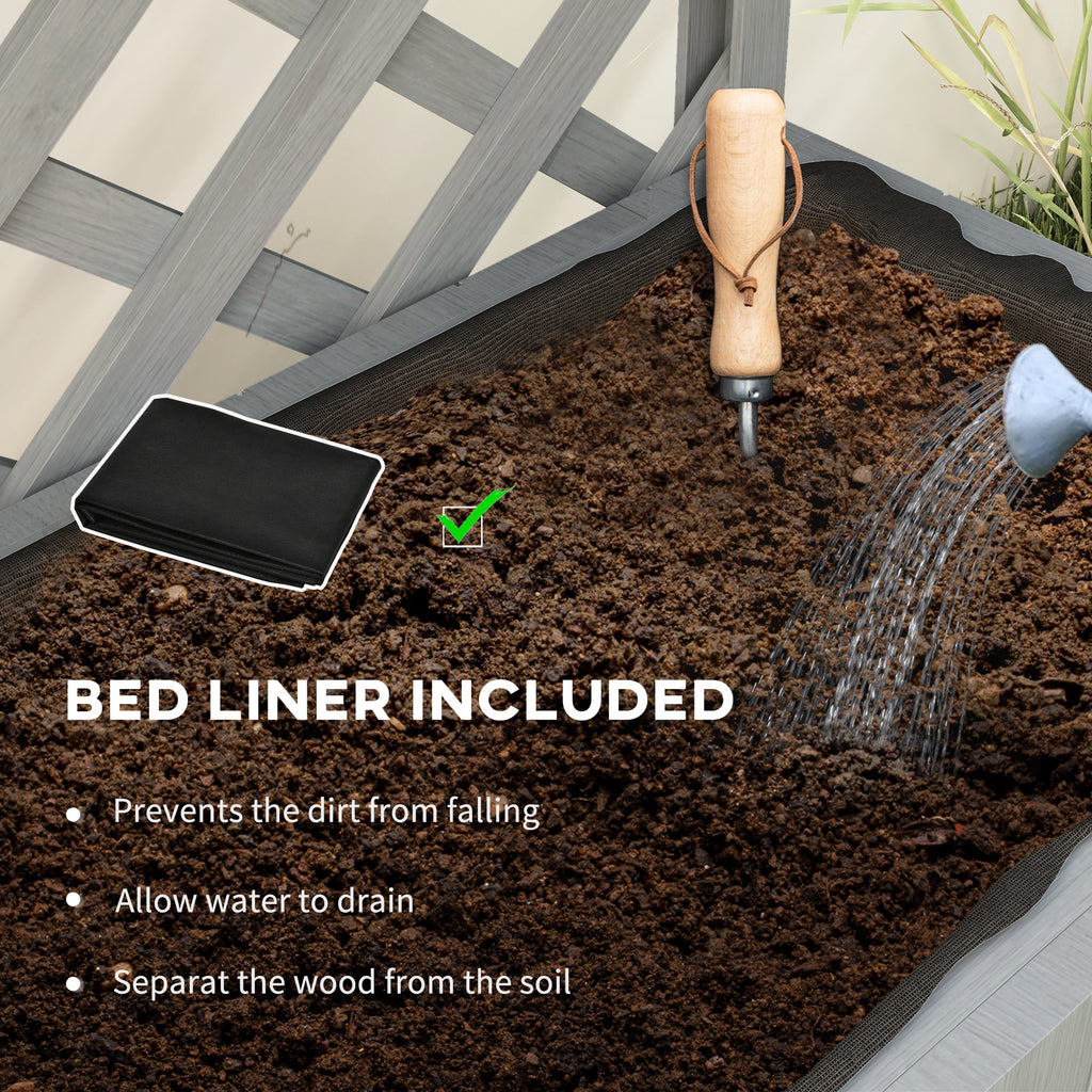 Raised Garden Bed, Wooden Planter with Trellis, Hanging Roof, Plant Shelf, Drainage Holes and Bed Liner, Grey