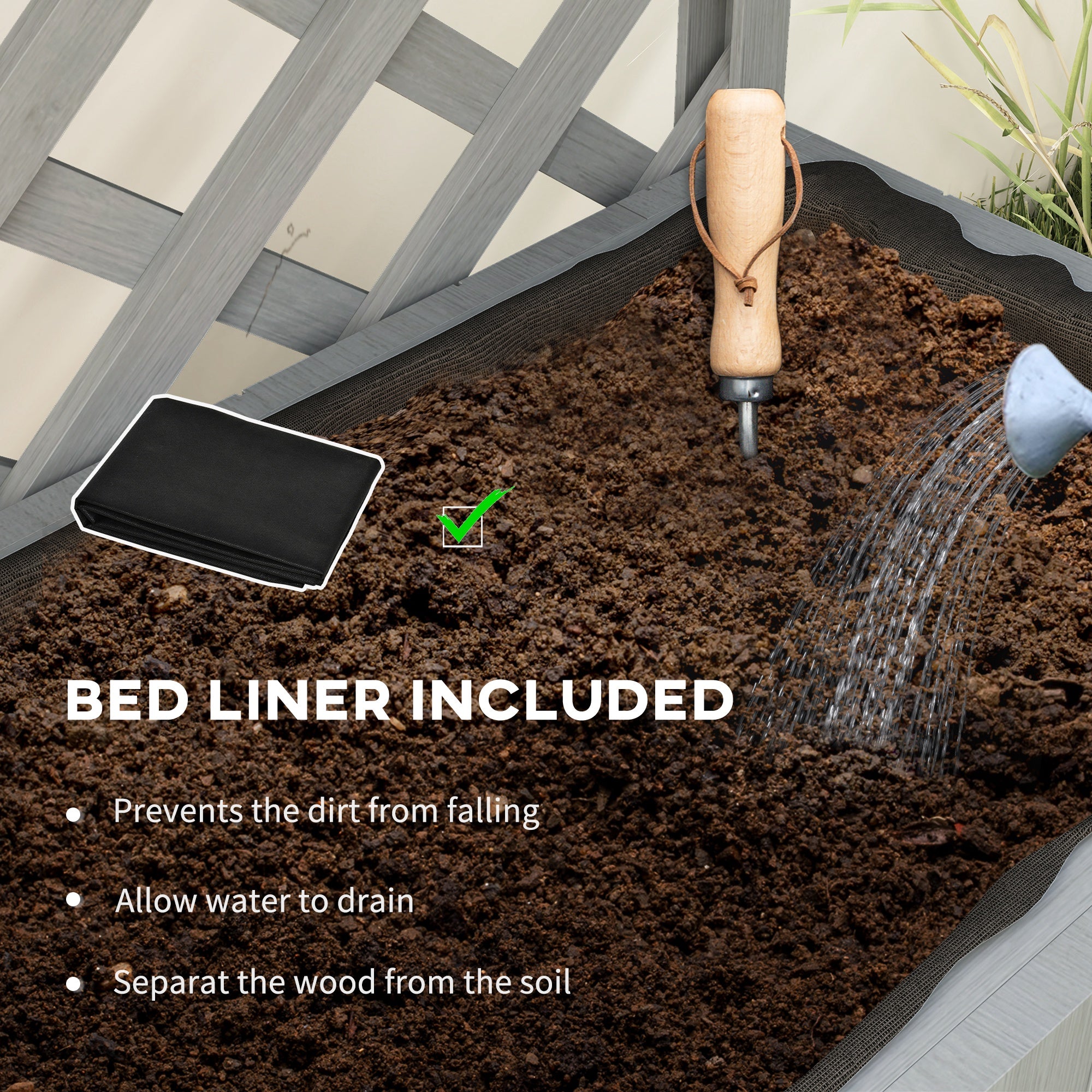 Raised Garden Bed, Wooden Planter with Trellis, Hanging Roof, Plant Shelf, Drainage Holes and Bed Liner, Grey