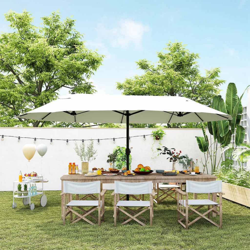 15' Outdoor Patio Umbrella with Twin Canopy Sunshade Steel Table Umbrella with Lift Crank Beige