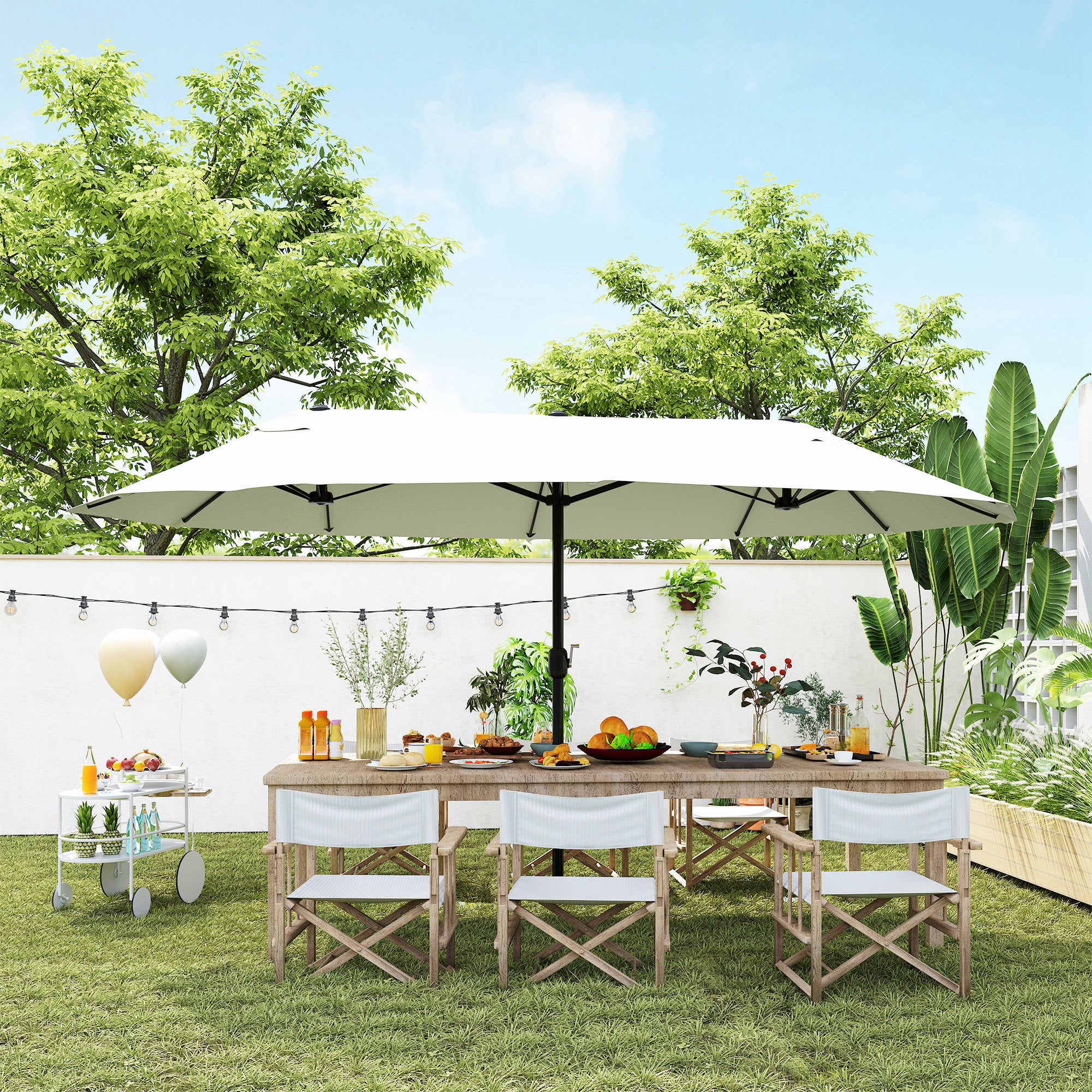 15' Outdoor Patio Umbrella with Twin Canopy Sunshade Steel Table Umbrella with Lift Crank Beige