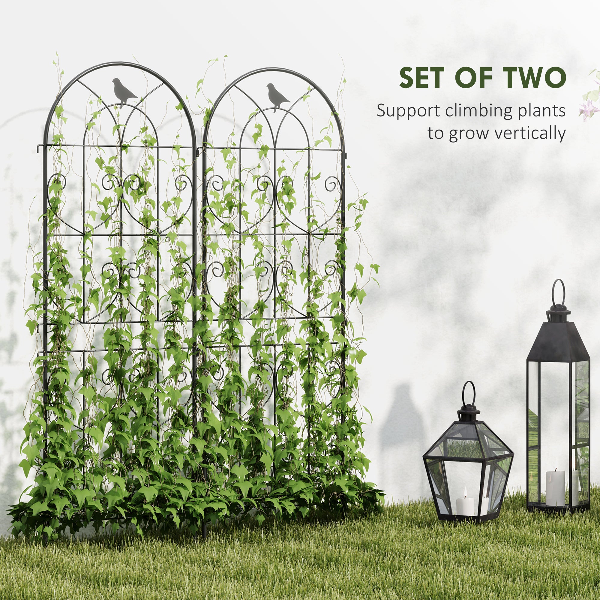Set of 2 Metal Garden Trellis, Decorative Trellis Panels, Bird Design, 150 x 50 cm, Black