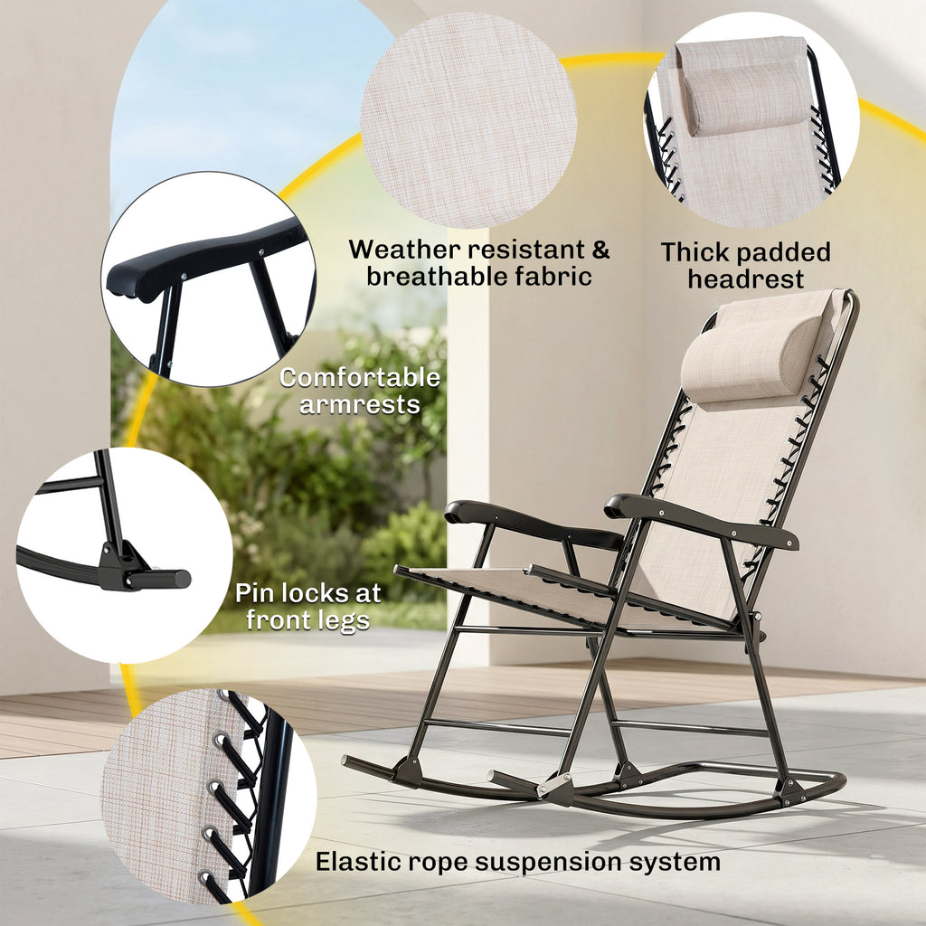 3pc Patio Rocking Chair Set, Folding Outdoor Rocking Chairs and Table Bistro Set w/ Breathable Mesh Seat & Backrest, Headrest for Park, Backyard, Garden, Cream White
