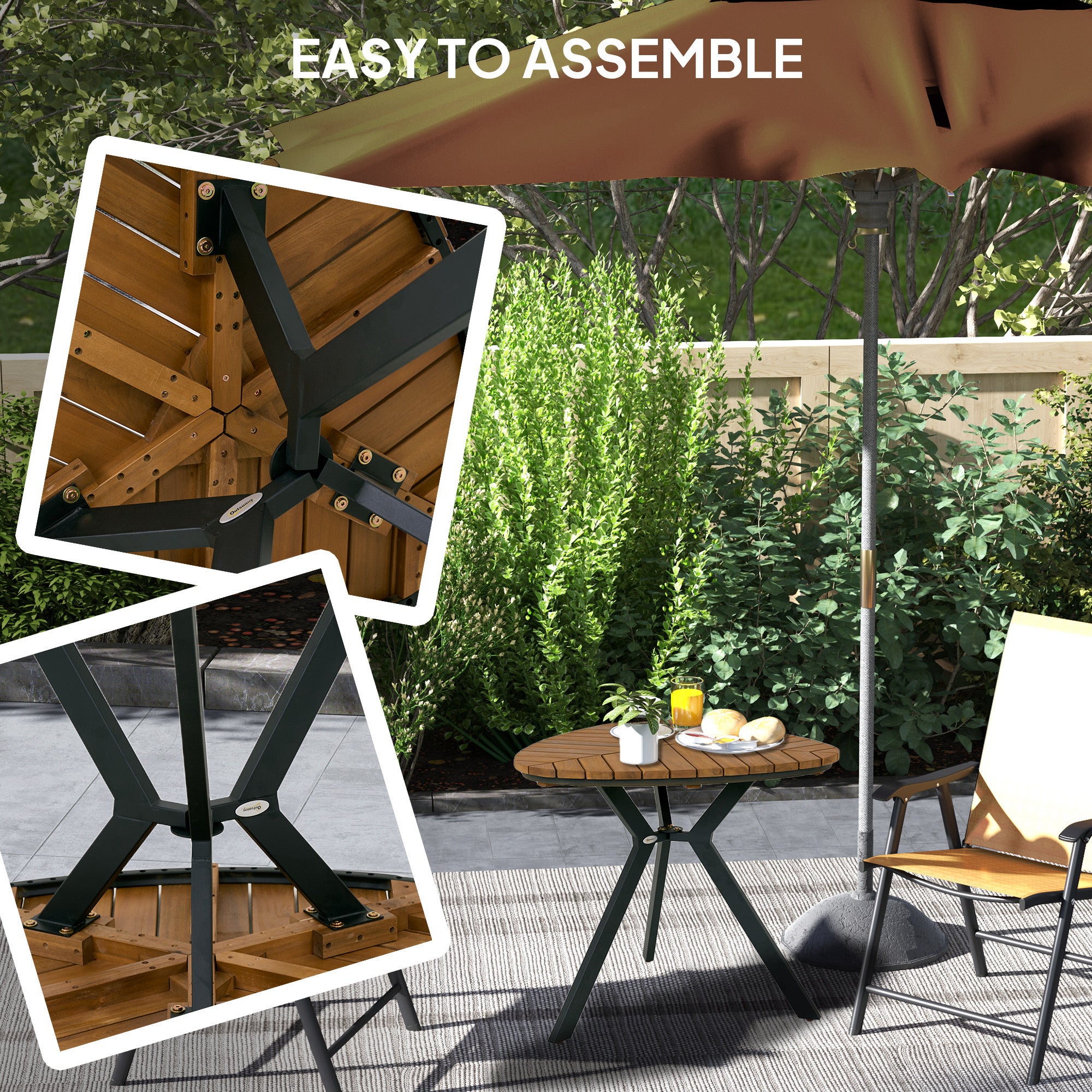 35.4" Outdoor Dining Table with Slatted Acacia Wood Leaf Tabletop, Patio Table with Steel Legs for Garden, Yard, Teak