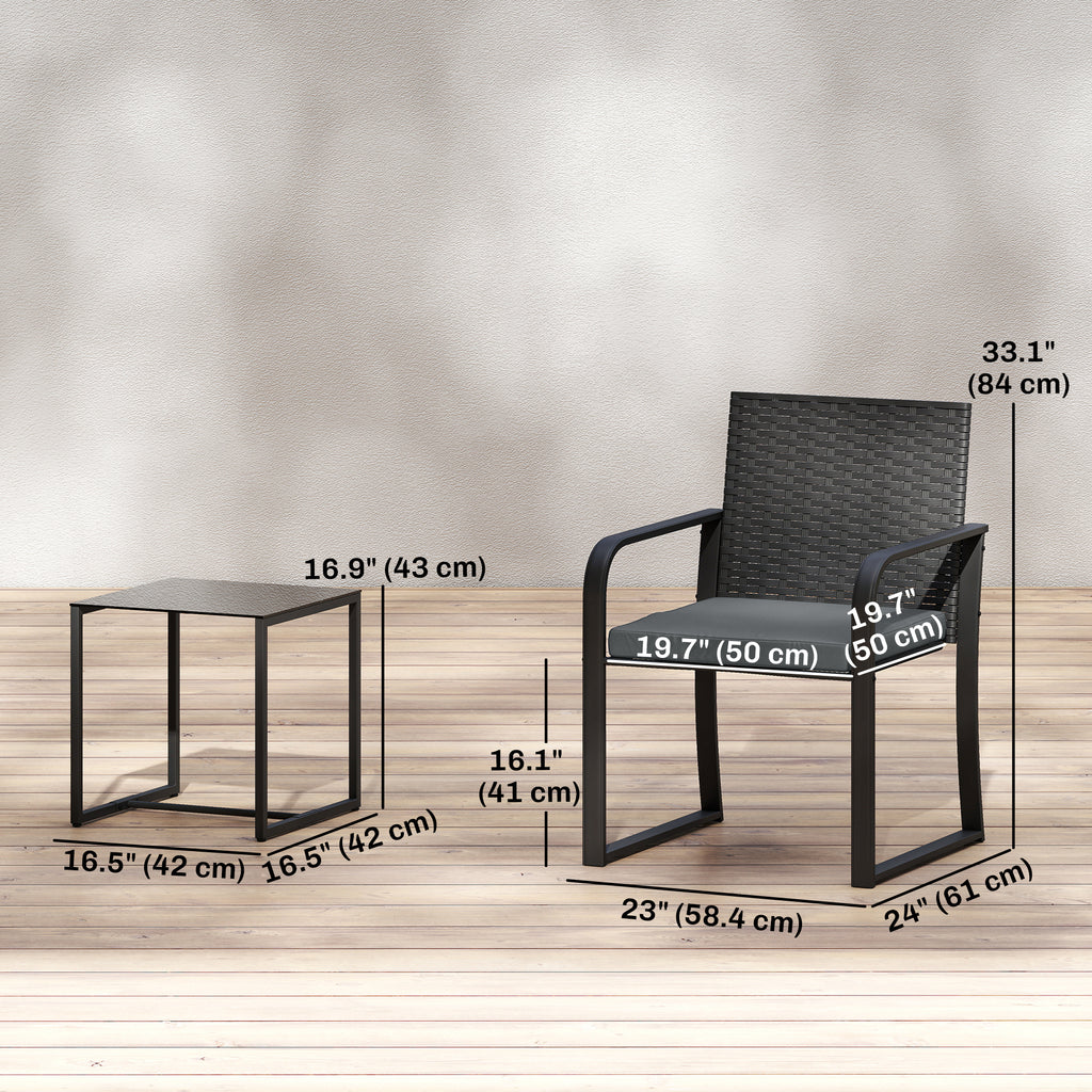 Outdoor Bistro Set, 3 Piece Wicker Patio Furniture with Mesh Seat, Glass Table, Cushions for Porch, Balcony, Grey