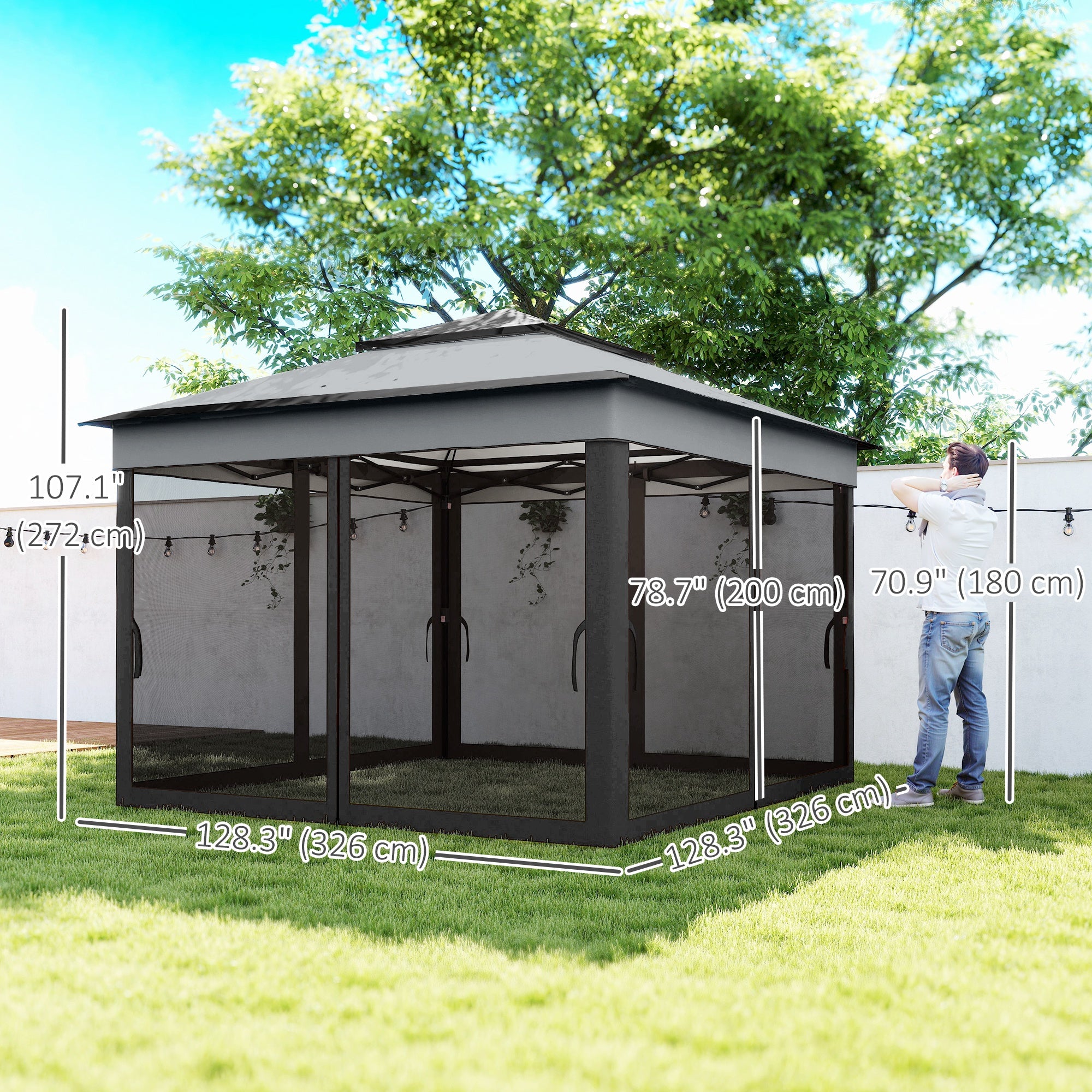 10.7 x 10.7ft Pop Up Gazebo, Adjustable Instant Sun Shelter with UV30+ Roof Cover, Removable Mesh Curtains, Dark Grey
