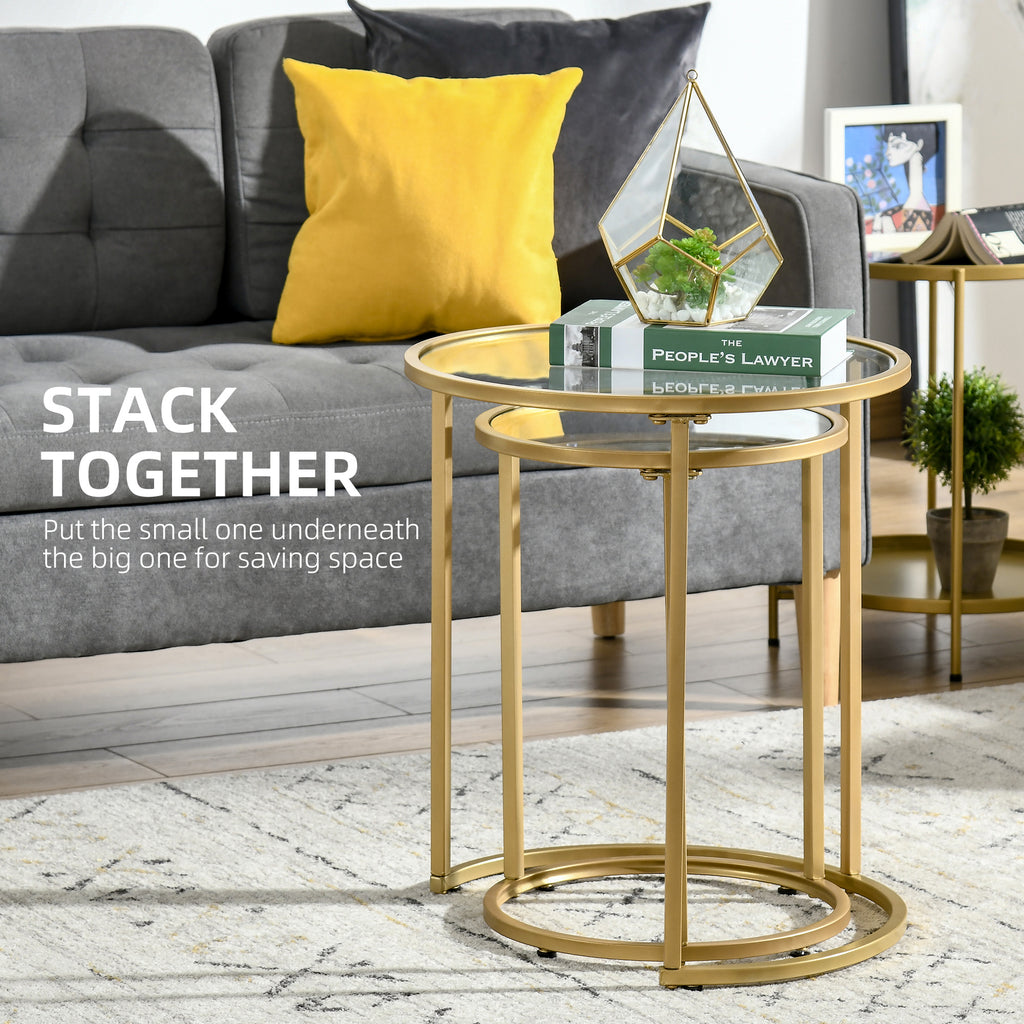 Set of 2 Nesting Coffee Tables with Metal Base, Round Side Table with Tempered Glass Tabletop for Living Room, Bedroom, Gold