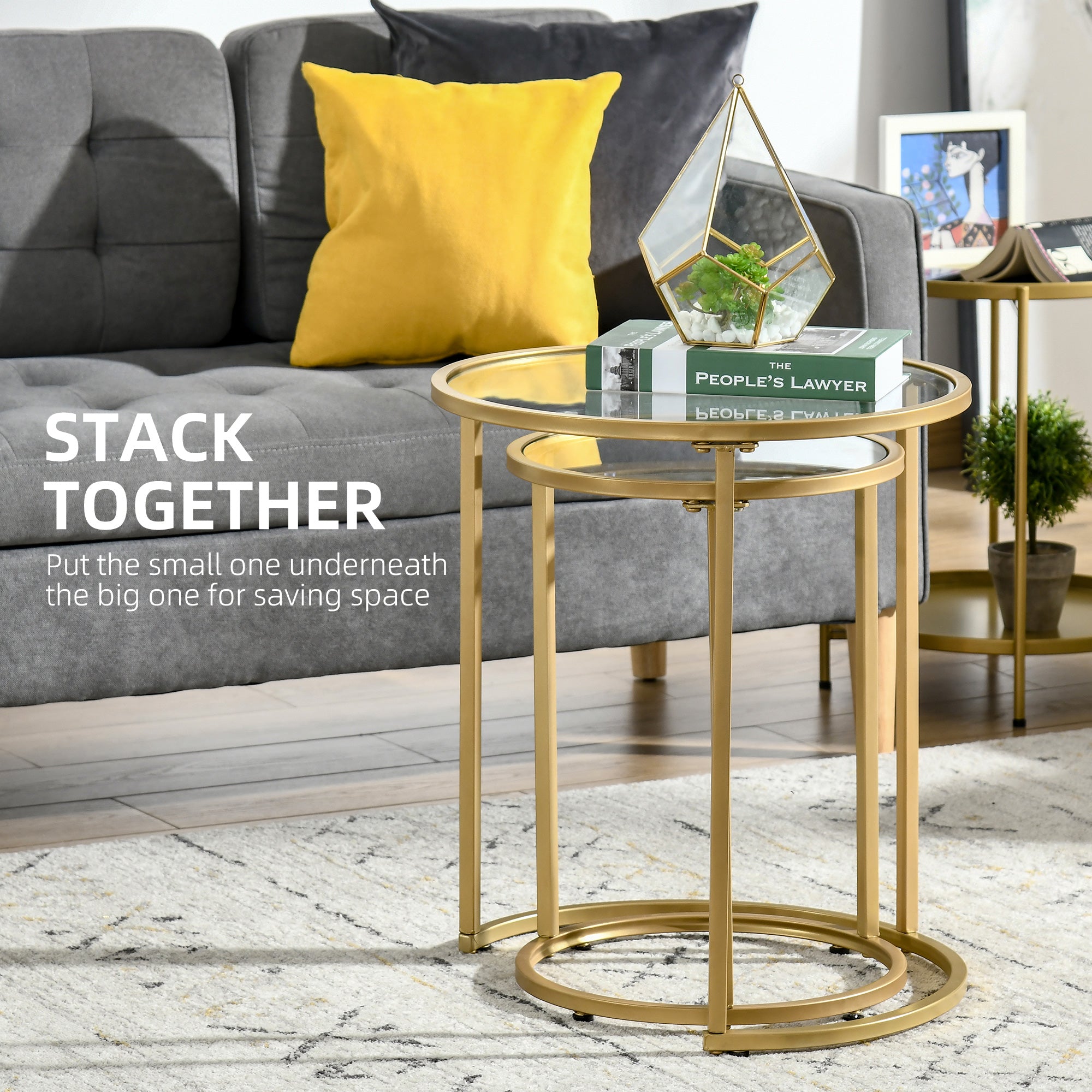 Set of 2 Nesting Coffee Tables with Metal Base, Round Side Table with Tempered Glass Tabletop for Living Room, Bedroom, Gold