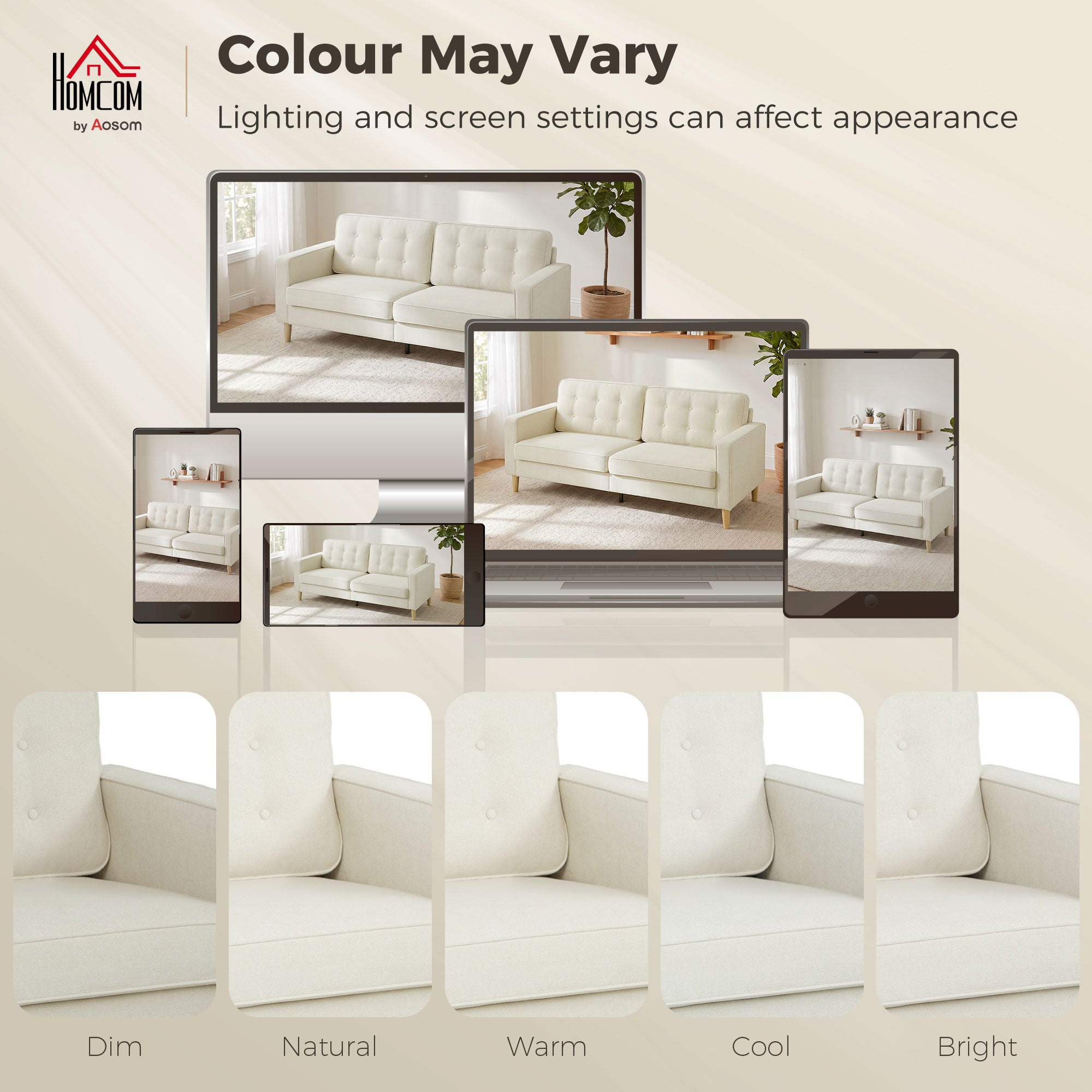 3 Seater Sofa Upholstered with Padded Cushion Modern Button Tufted Couch with Wood Legs, Cream White