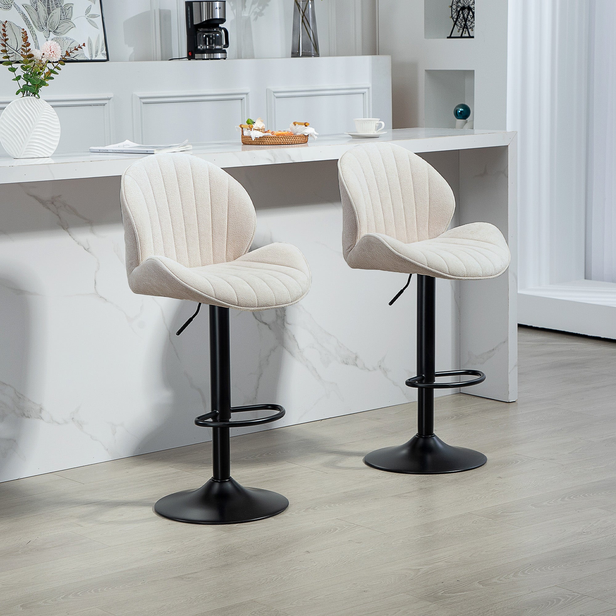 Bar Stools Set of 2, Swivel Barstools with Back, Adjustable Height and Footrest for Kitchen Island, Dining Room, Beige