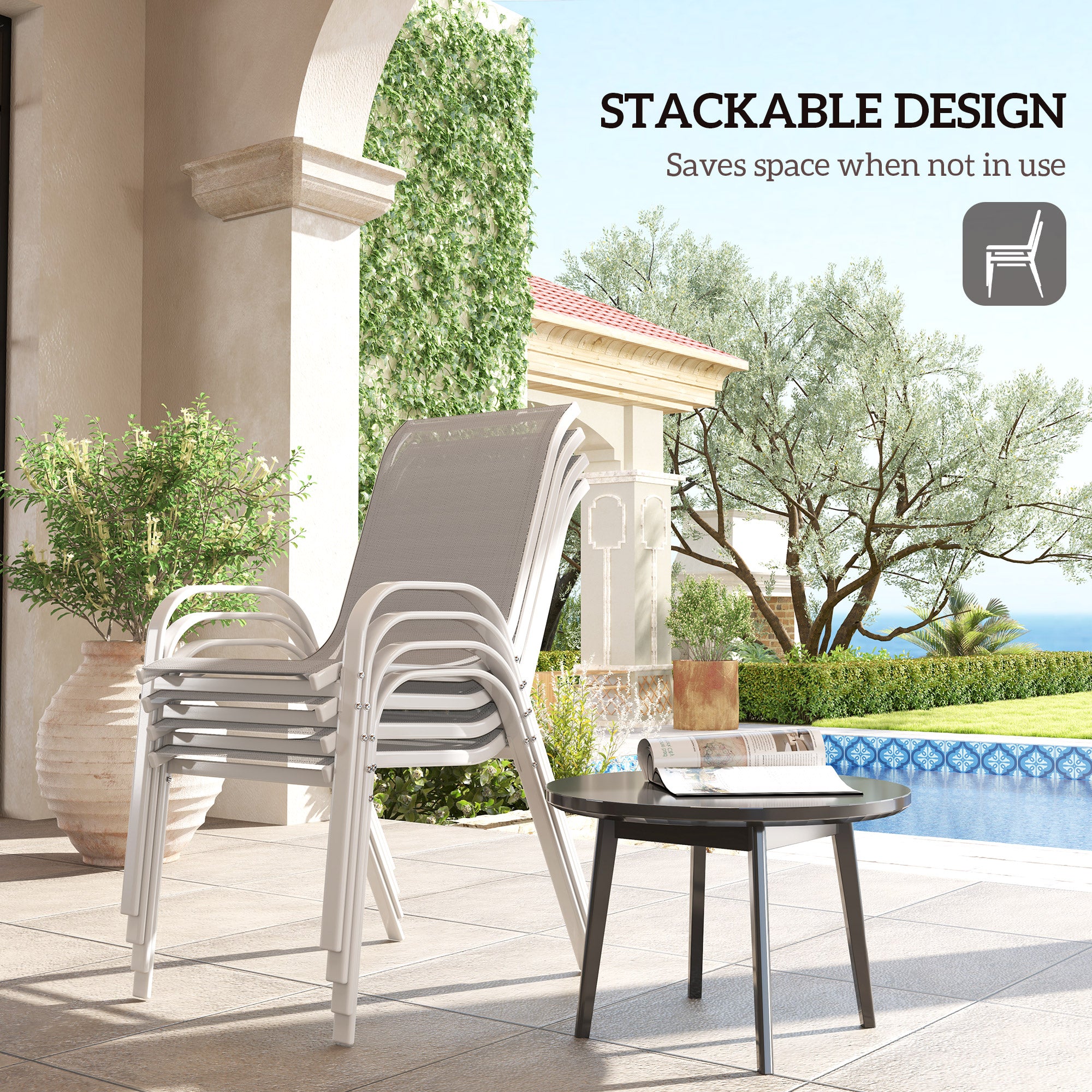 Set of 4 Outdoor Dining Chairs, Stackable Lawn Chairs with High Back, Breathable Mesh Seat for Garden Porch, White