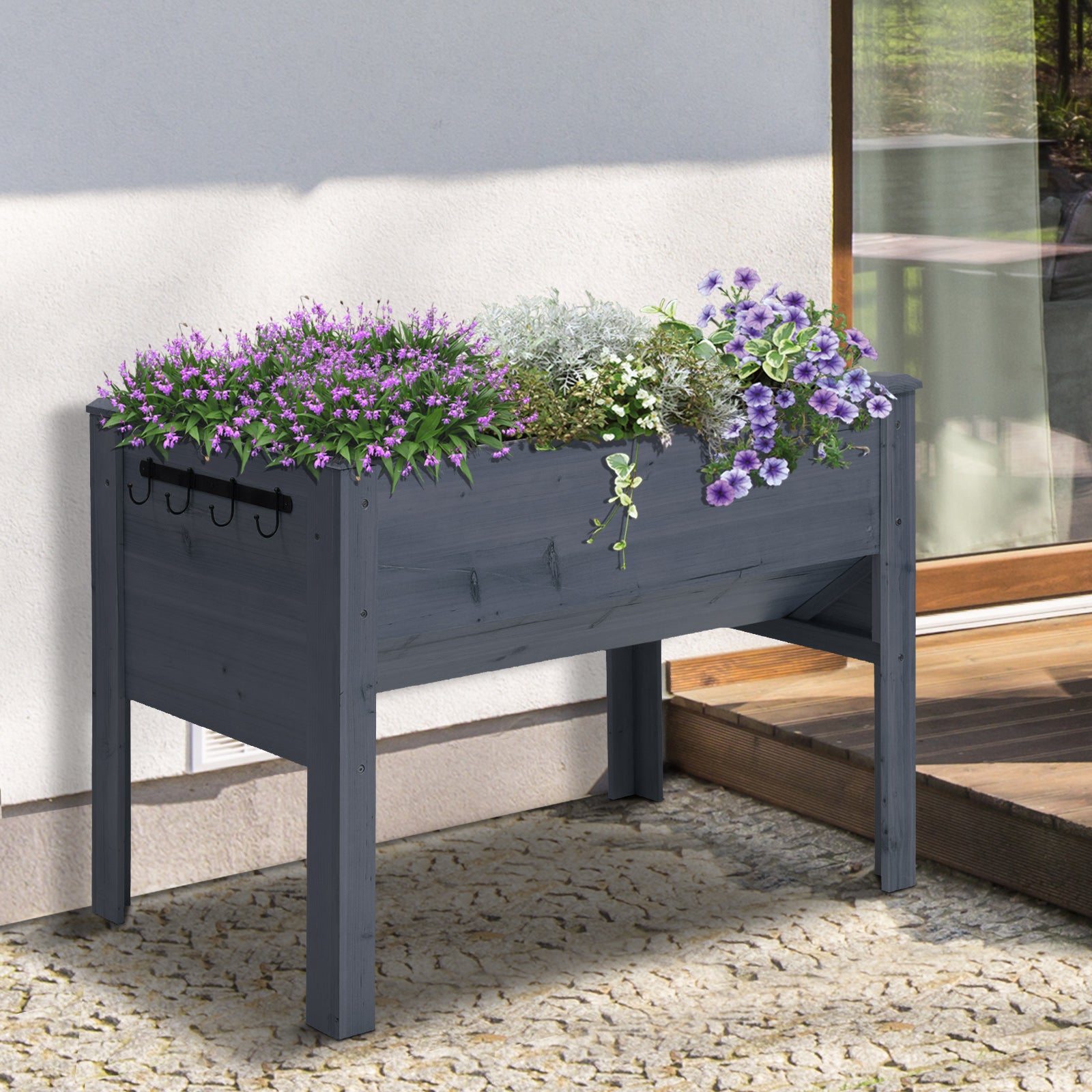 Wooden Raised Garden Plant Stand Outdoor Tall Flower Bed Box with Hooks, 48" x 24" x 32", Grey