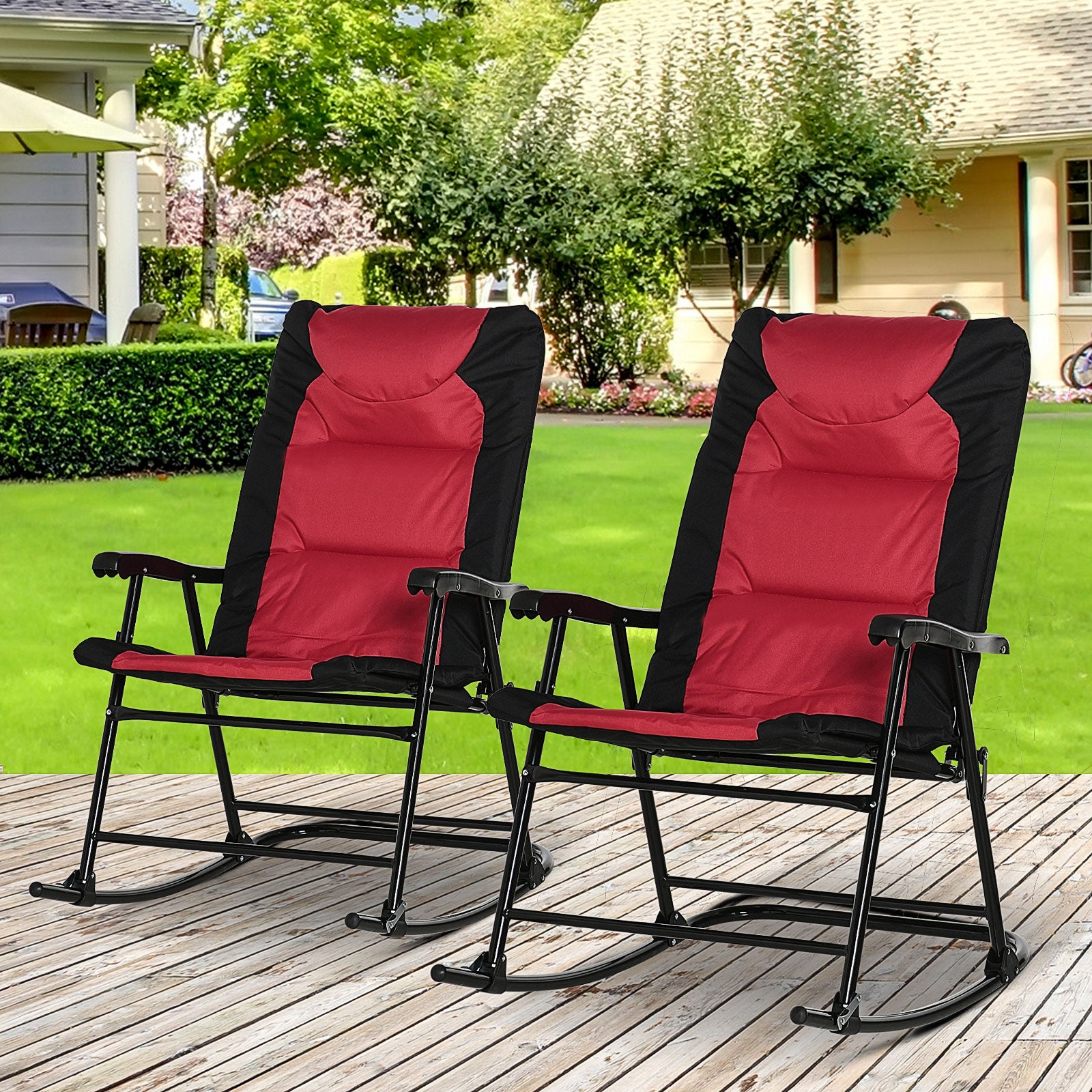 Folding Rocking Chair Set of 2 Padded Rockers with Armrest, Red & Black