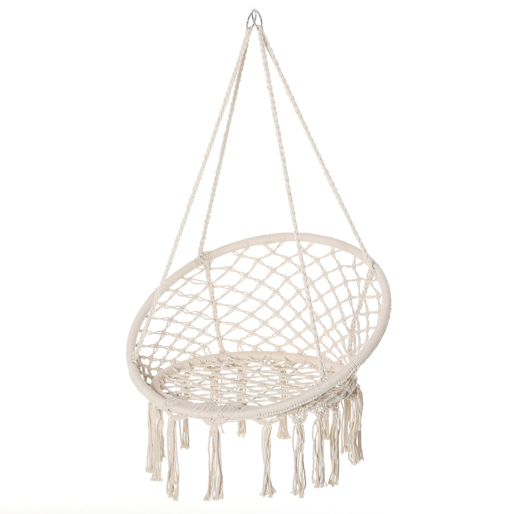 Patio Hammock Chair, Hanging Rope Hammock Swing for Indoor & Outdoor Use with Backrest, Cotton-Polyester Blend, Fringe Tassels, Cream White