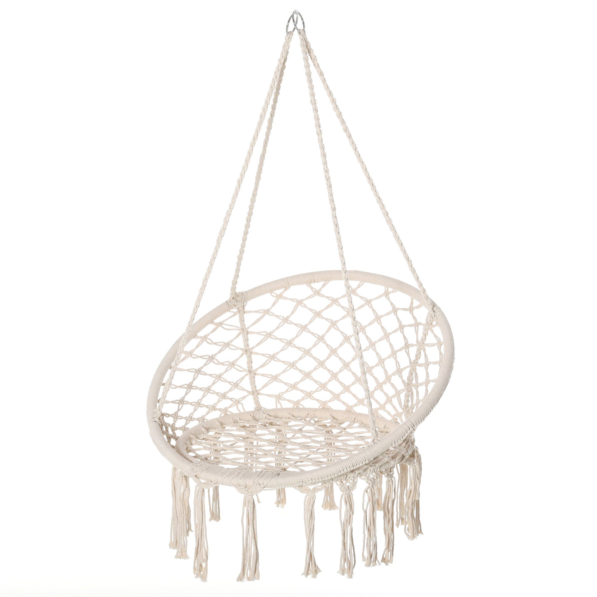 Patio Hammock Chair, Hanging Rope Hammock Swing for Indoor & Outdoor Use with Backrest, Cotton-Polyester Blend, Fringe Tassels, Cream White