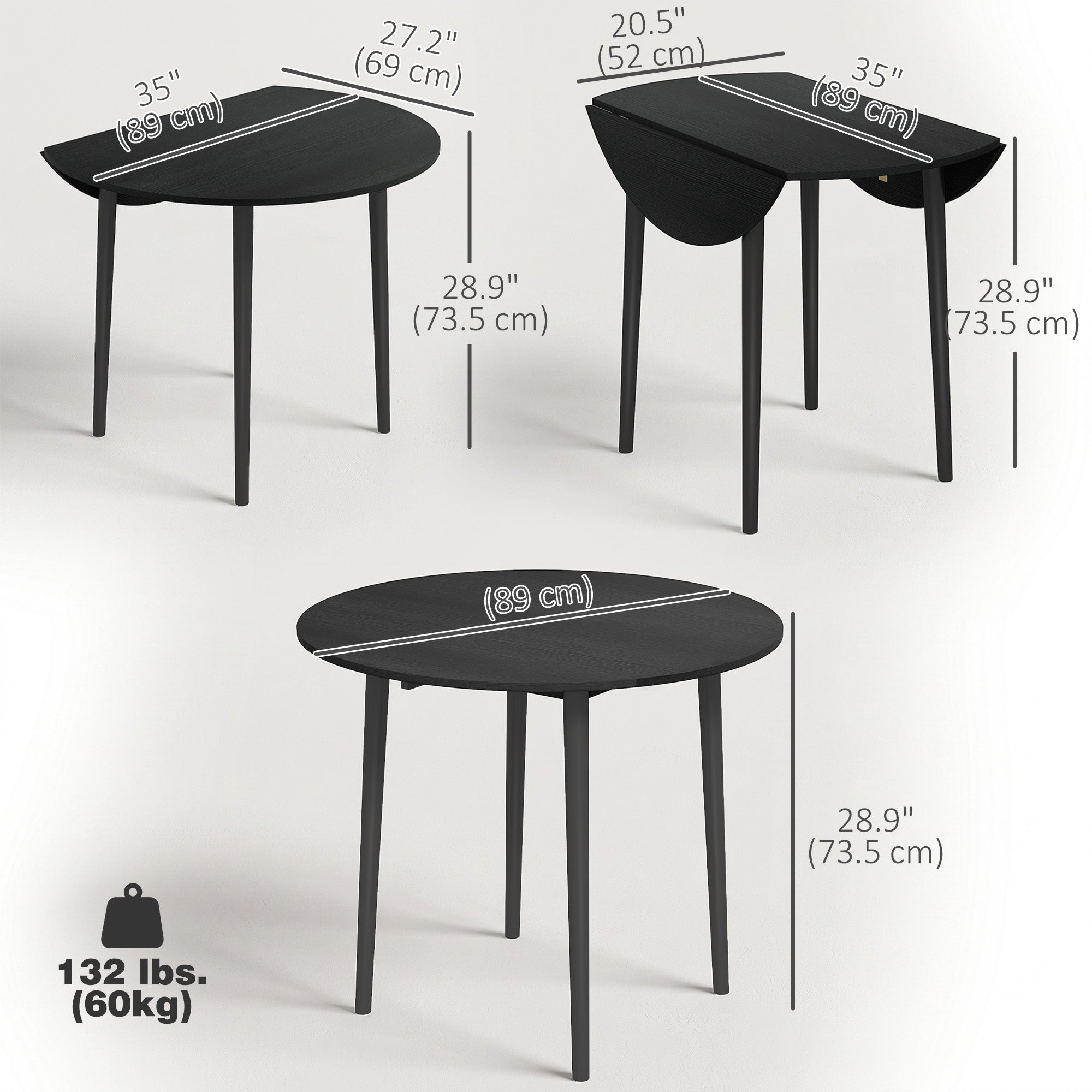 Folding Dining Table, Round Drop Leaf Kitchen Table for Small Spaces with Wood Legs, Distressed Black