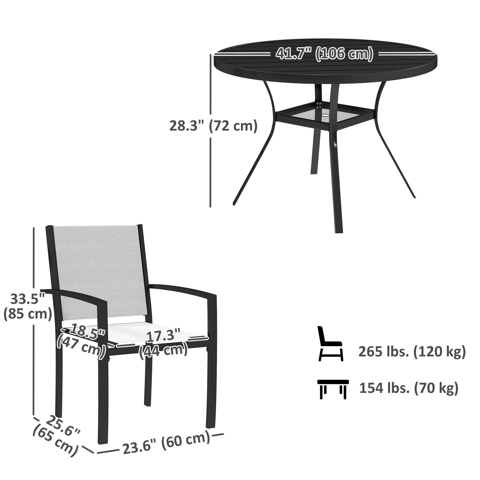 5 Piece Outdoor Dining Set with Round Table and 4 Stackable Chairs, for Backyard, Lawn, Deck, Balcony, Pool Side