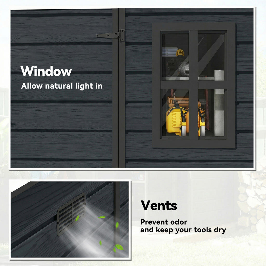 Outdoor Storage Shed with Lockable Door, Garden Shed with Vents and Windows for Backyard, Dark Grey