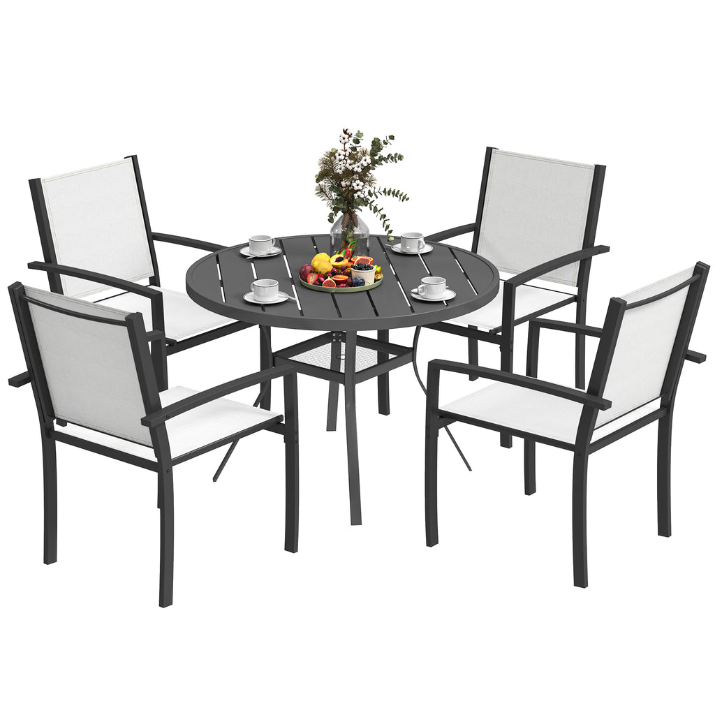 5 Piece Outdoor Dining Set with Round Table and 4 Stackable Chairs, for Backyard, Lawn, Deck, Balcony, Pool Side