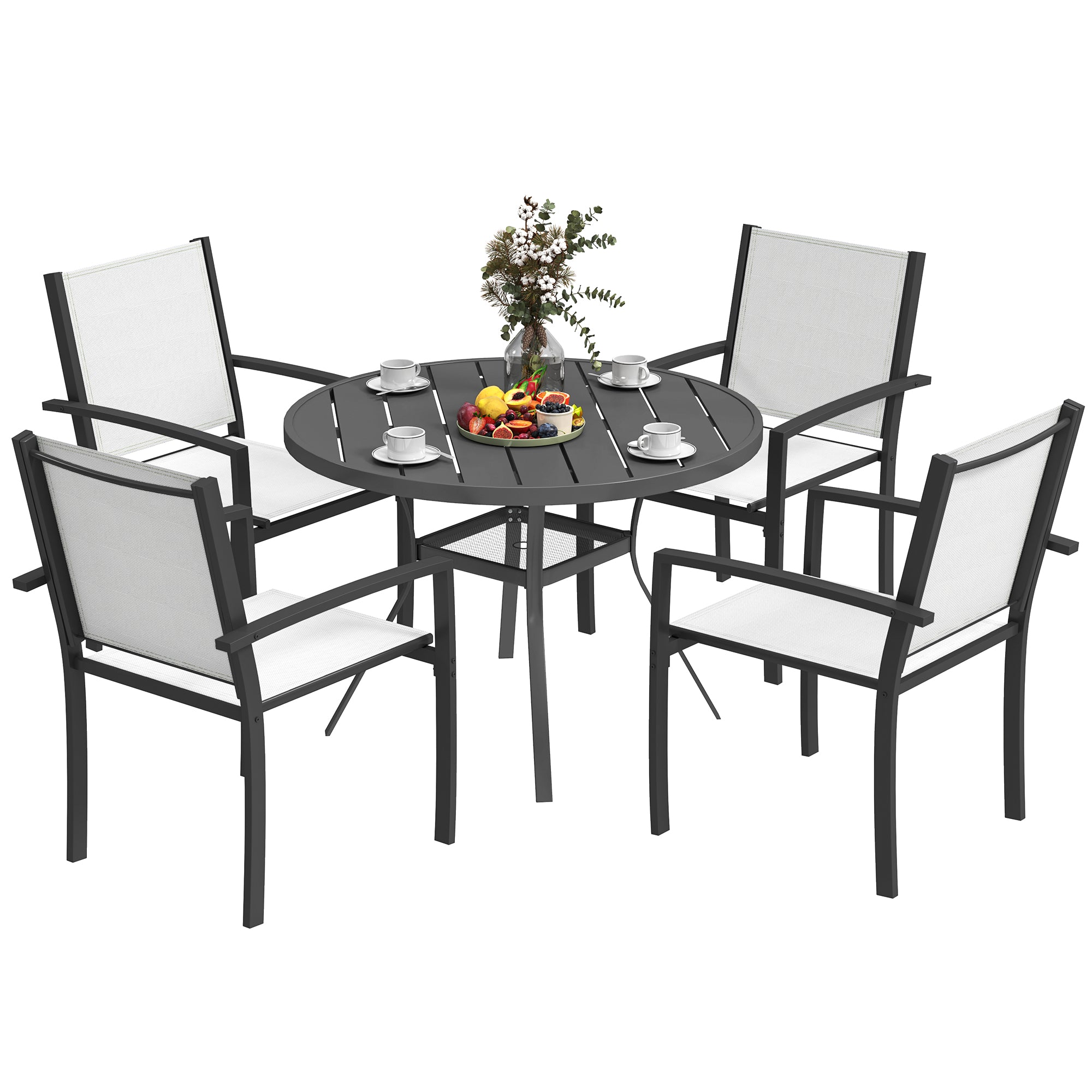 5 Piece Outdoor Dining Set with Round Table and 4 Stackable Chairs, for Backyard, Lawn, Deck, Balcony, Pool Side