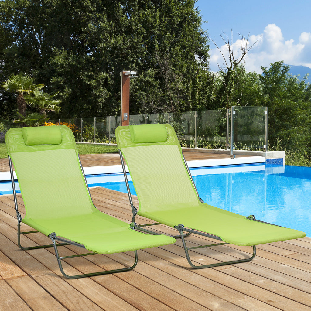 Set of 2 Folding Chaise Lounge Chairs, Outdoor Poolside Sun Tanning Chairs w/ Pillow, Reclining Backrest, Green