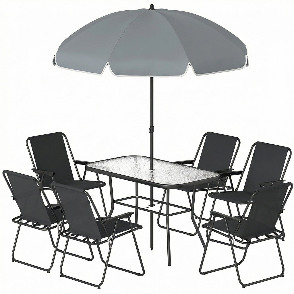 8 Piece Patio Table and Chairs Set with Folding Chairs, Tempered Glass Tabletop and Umbrella for Garden, Black