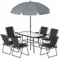 8 Piece Patio Table and Chairs Set with Folding Chairs, Tempered Glass Tabletop and Umbrella for Garden, Black