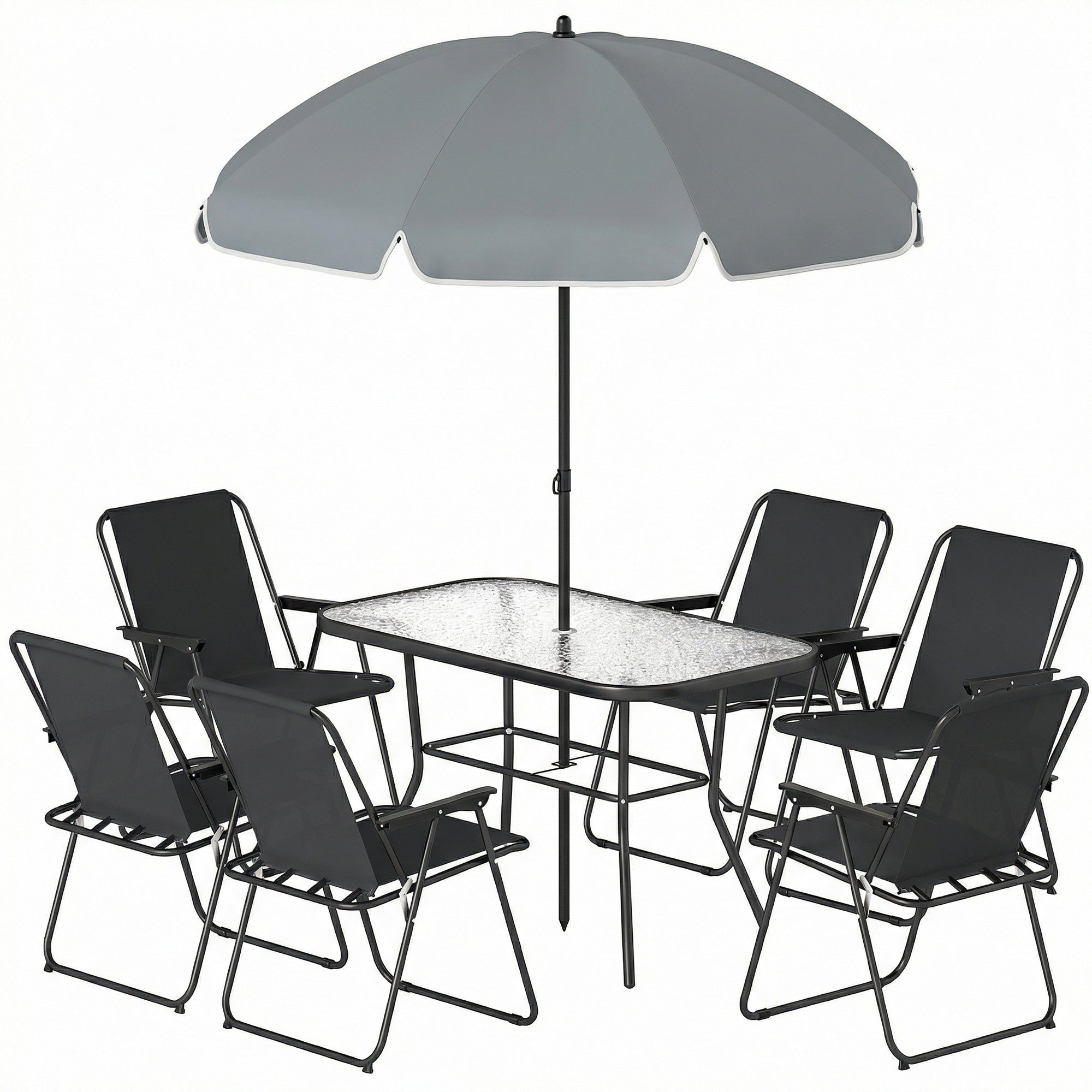 8 Piece Patio Table and Chairs Set with Folding Chairs, Tempered Glass Tabletop and Umbrella for Garden, Black