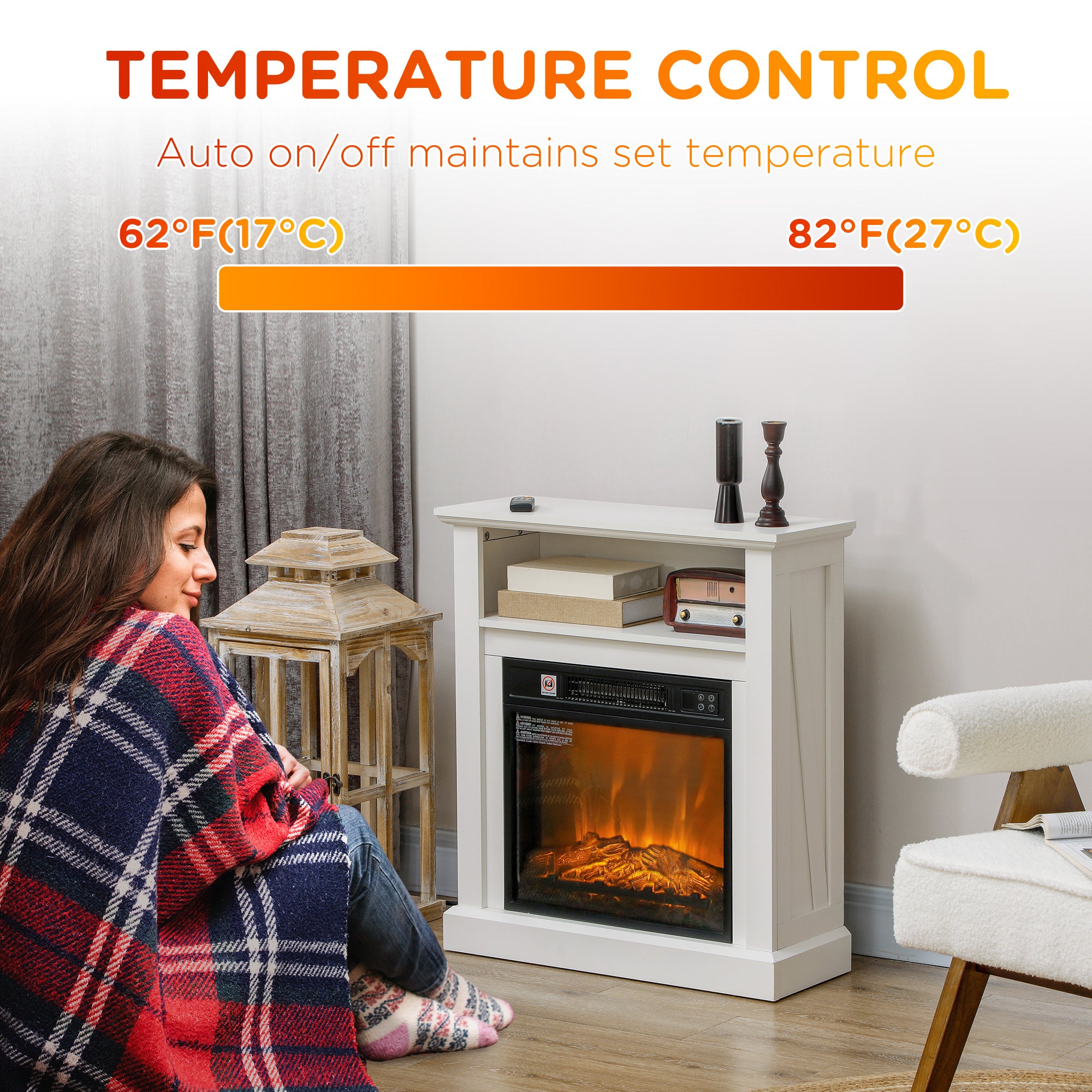 27" Freestanding Electric Fireplace with Mantel, 1400W Replaceable Fireplace Insert Heater with Timer, White